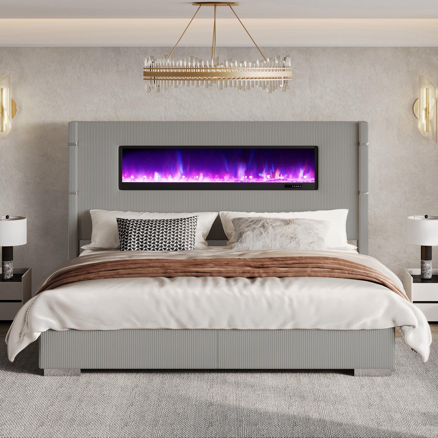 AMERLIFE Modern California King Size Bed Frame with Fireplace, Corduroy Upholstered Bed Frame with 60.4“ Extra Tall Headboard, Wingback Platform Bed Frame Wooden Slats/No Box Spring Needed, Greige