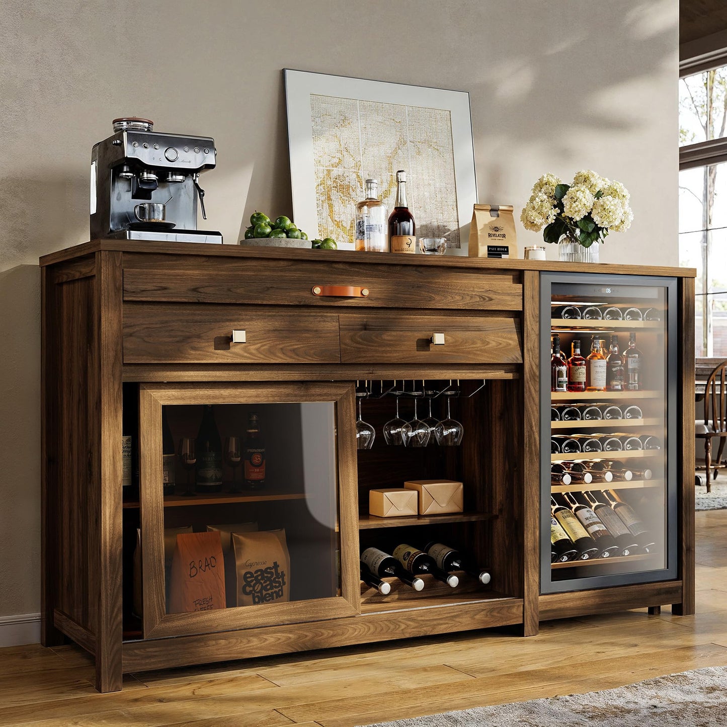 STO'SENSE Extra Large Coffee Bar Cabinet w/Fridge Space&Power Outlet,Lux MiniFridge Cabinet w/2Drawers,Wine Rack,Leather Handle,Adj.Shelves,Bar Tray,Glass Holder&Sliding Door,Buffet Sideboard,Walnut