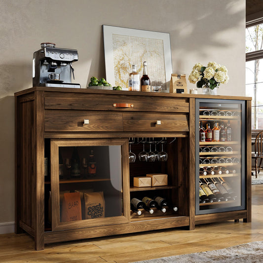 STO'SENSE Extra Large Coffee Bar Cabinet w/Fridge Space&Power Outlet,Lux MiniFridge Cabinet w/2Drawers,Wine Rack,Leather Handle,Adj.Shelves,Bar Tray,Glass Holder&Sliding Door,Buffet Sideboard,Walnut