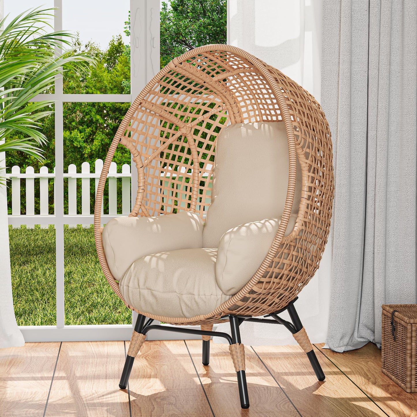 Elegant Arc Back Hanging Egg Chair, 400lb Capacity Patio Swing with 8-Inch Cushion, PE Rattan Outdoor Indoor Chair for Garden Lounge