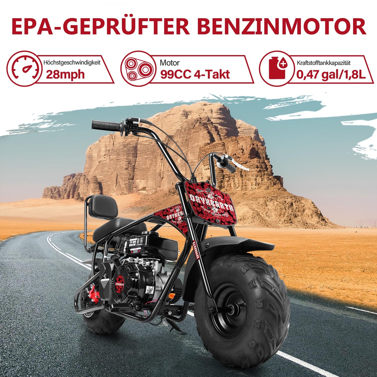 Oryxearth 99CC 4-Stroke Mini Bike, Gas Powered Bike W/EPA Approved Engine Mini Dirt Bike with Off-Road Tire for Kids, Speed Up 28 Mph, W/LED Headlight, Goggles, Gloves & Neck Gaiter