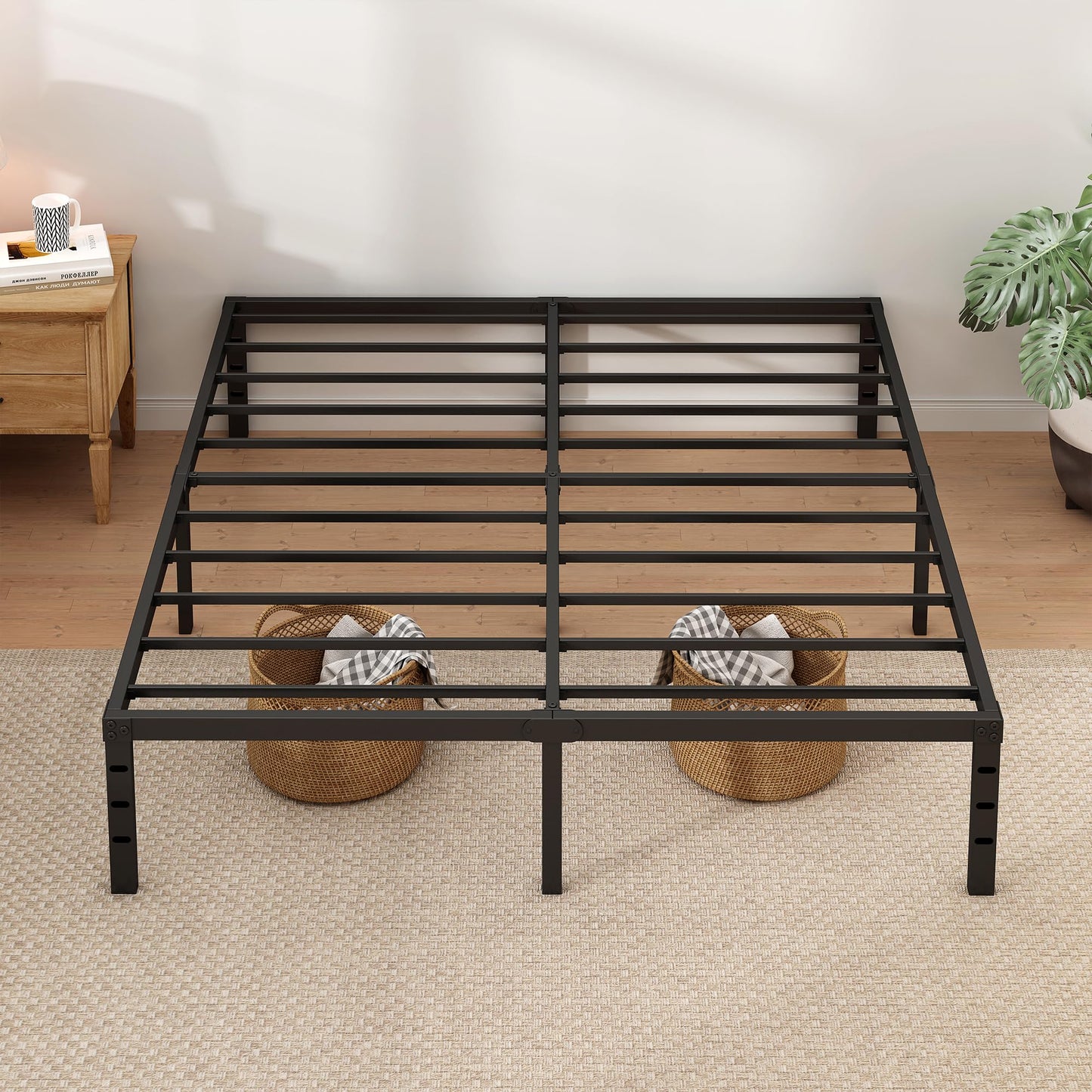 NEW JETO Metal Bed Frame,Queen Size Bed Frame with Storage Space,Heavy Duty Sturdy Mattress Foundation,Easy Assembly,No Box Spring Needed, Black,18 Inch,Queen