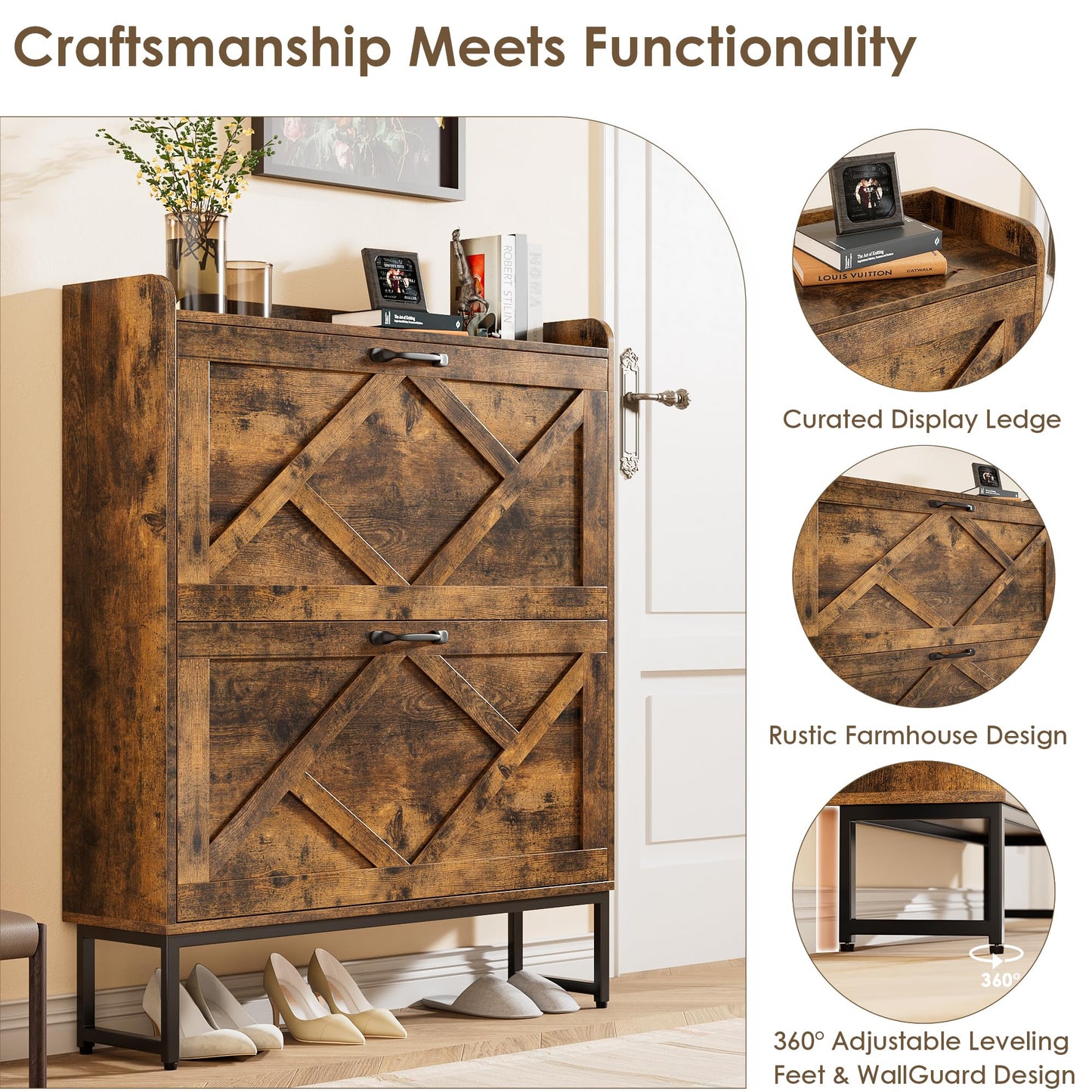 Nicetree Shoe Cabinet Organizer with 2 Flip Drawers, Freestanding Narrow Rack with Metal Legs, Farmhouse Slim Shoe Storage for Entryway, Foyer, Hallway, Rustic Brown
