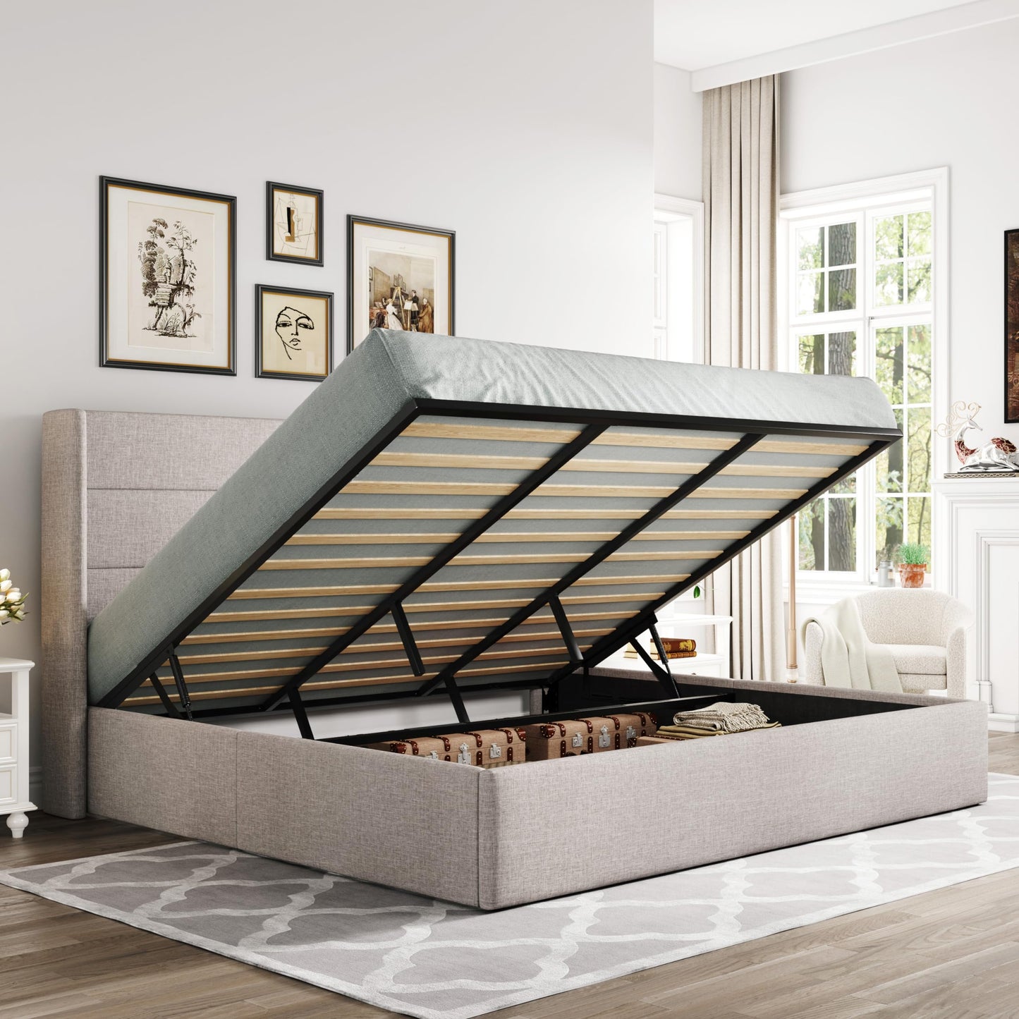 Allewie King Size Lift Up Hydraulic Storage Bed Frame Light Beige