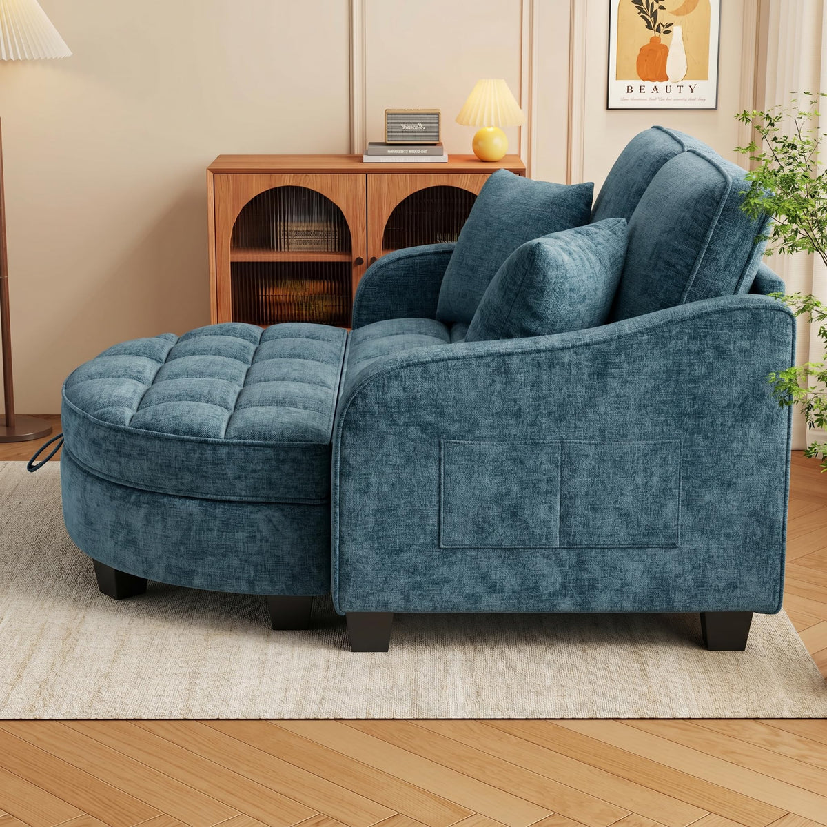 GEEVIVO Oversized Chaise Lounge Chair Indoor with Curved Ottoman, Blue