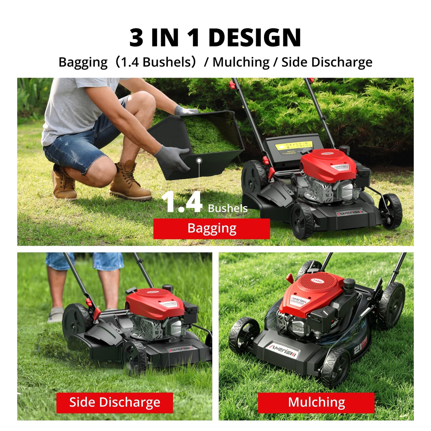 AMERISUN 21" Gas Lawn Mower, 3-in-1 Gas Push Mowers, 144cc 4-Stroke OHV Engine, 6 Height Adjustments 1.4 Bushel Grass Catcher, Lawnmower with Bagging, Mulching & Side Discharge, Efficient Steel Deck