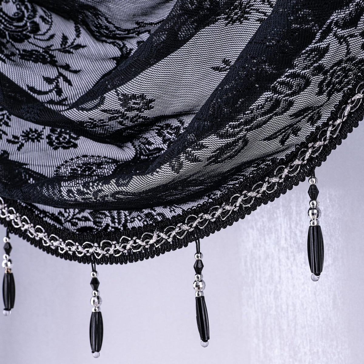 Huierxun Black Sheer Lace Waterfall Window Valance with Bead Tassels Floral Embroidered Valance Curtains Semi Sheer Rod Pocket Valance/Swags for Bedroom/Living Room/Kitchen/Basement(Black,39"x41")