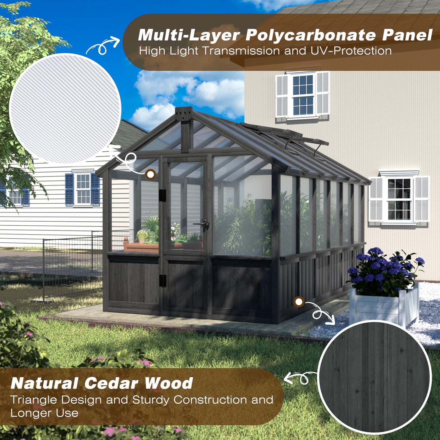 Yardenaler 6x12 FT Greenhouse Kit for Outdoor, Thickened Polycarbonate Panel Wooden Walk-in Green House with Lockable Door and Adjustable Roof Vent, Backyard Garden, Black