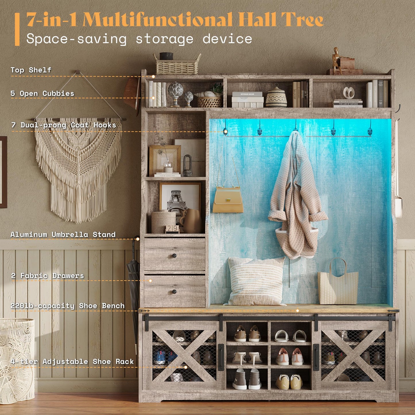 AMERLIFE 75" 7-in-1 Farmhouse Hall Tree with Shoe Bench & LED, Rustic Grey