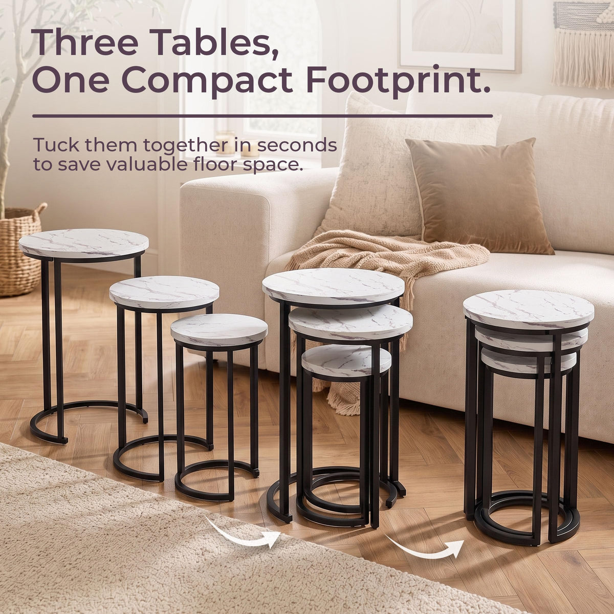 Lavish Home Round Nesting Tables Set of 3, Faux Marble Tabletop, White