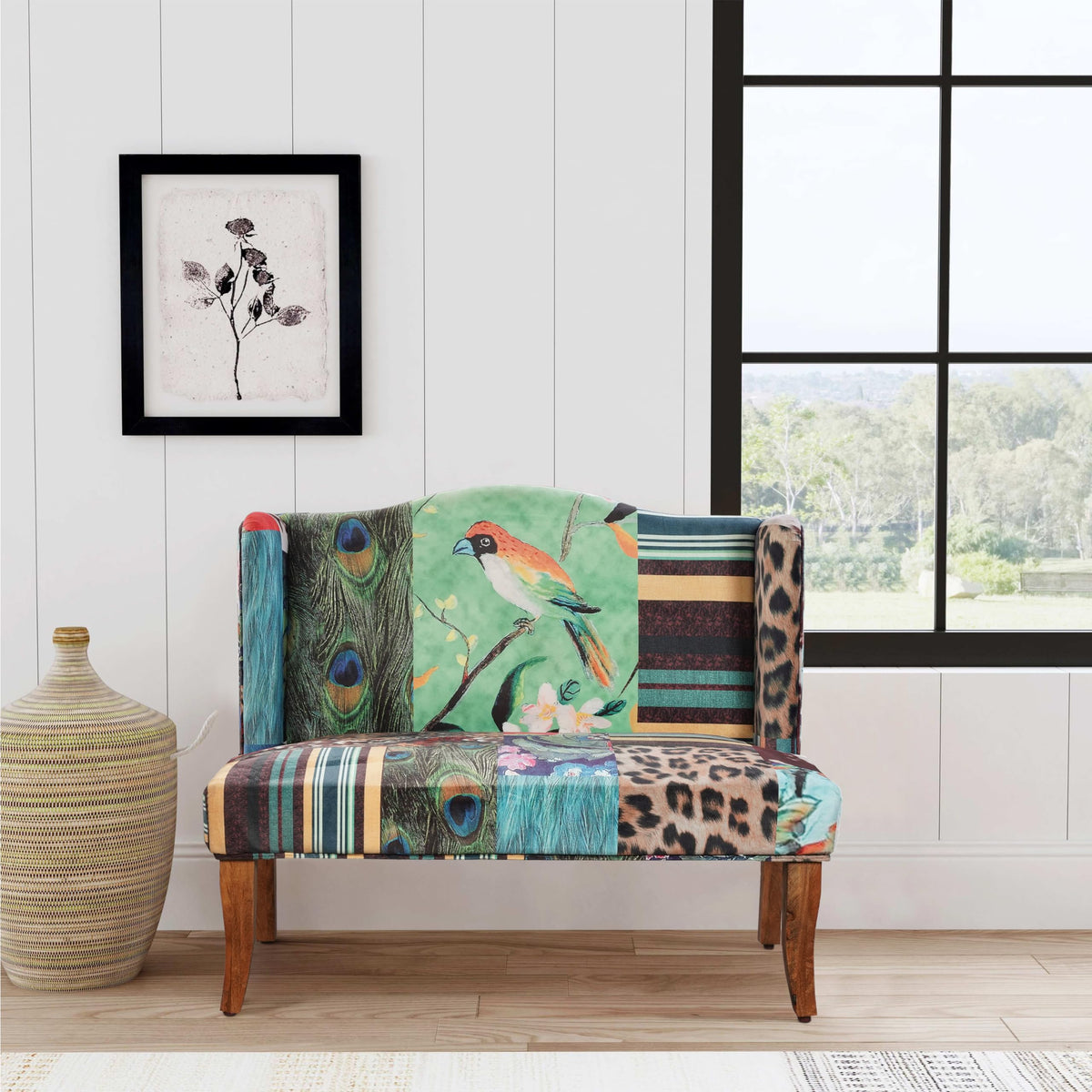 Benzara Vesta Bird Collage Print Settee, Multicolor Upholstery