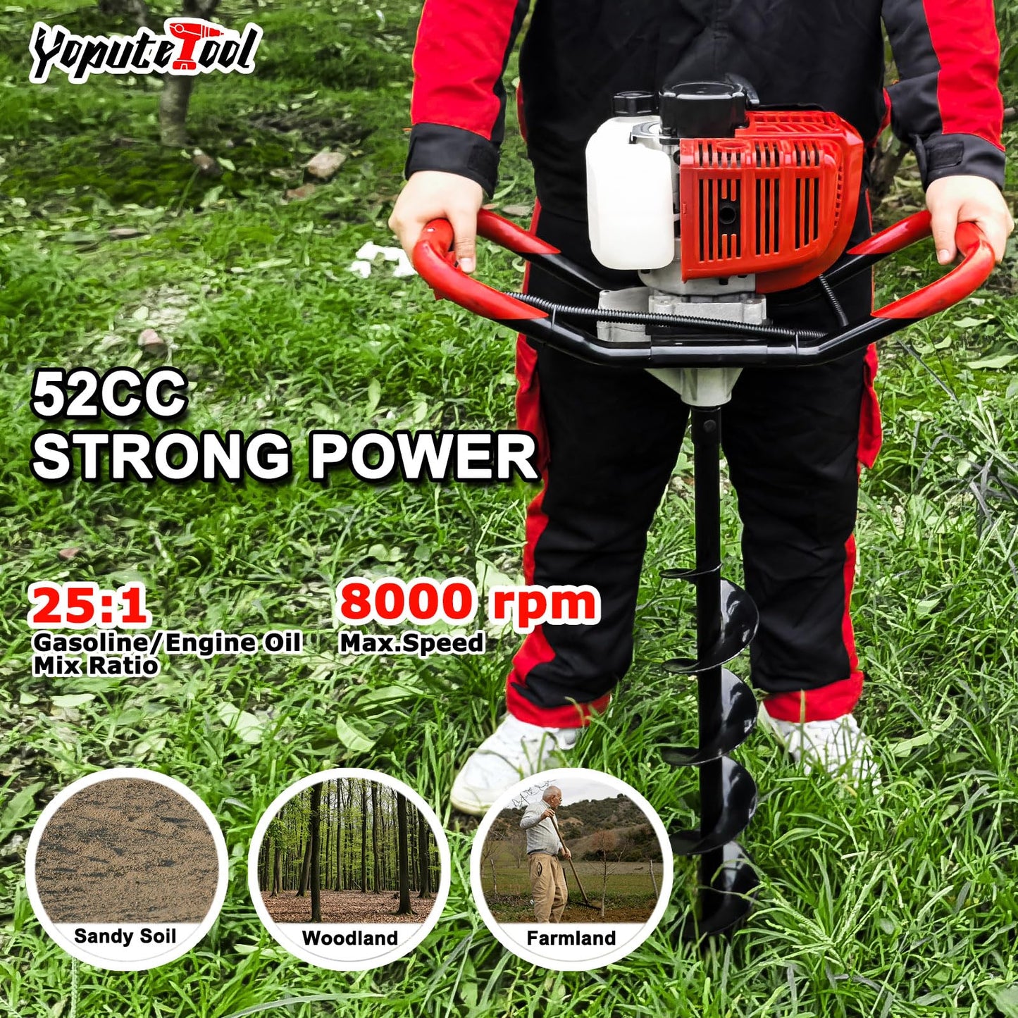 YOPUTETOOL 52CC 2-Stroke Gas Powered Post Hole Digger – 1800W Earth Auger with 4", 6", 8" Drill Bits & 3X 10 Extension Rods – Heavy Duty Hole Digger Machine for Farmland, Garden, Planting & Fencing