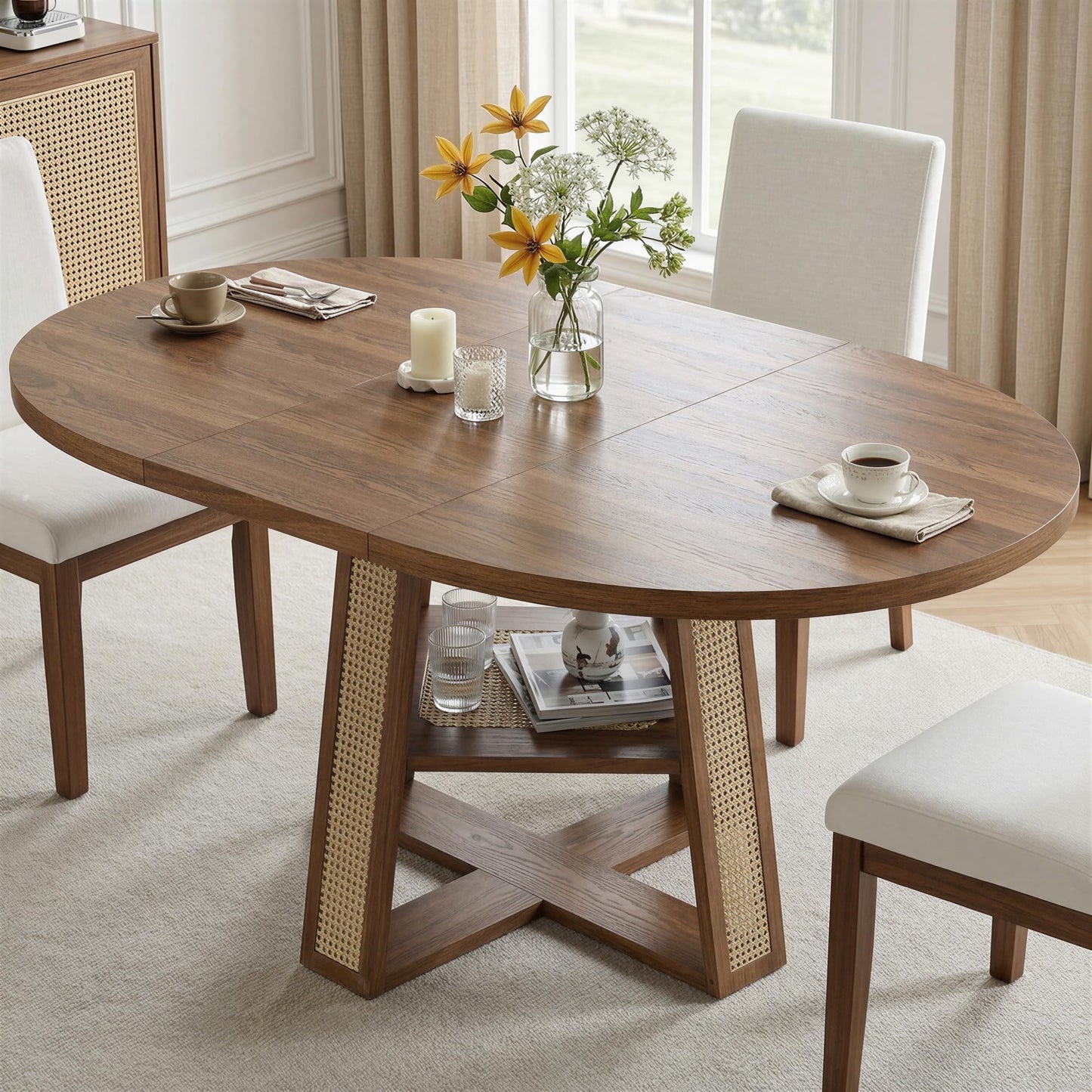 LIKIMIO 43"-59" Extendable Round Dining Table for 4-8, Transformer Oval Dining Room Table with Removable Leaves Space Saving, Wood Base Kitchen Table with Storage Shelf for Living Room, Walnut