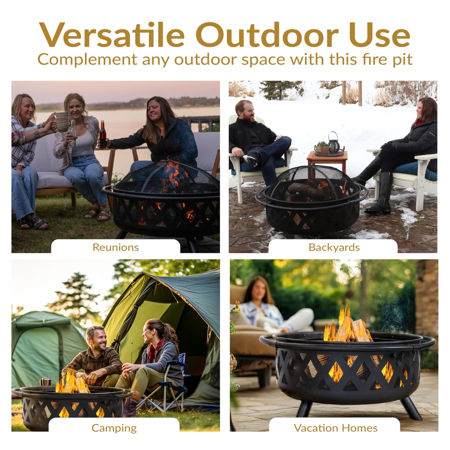 Sunnydaze Crossweave Outdoor Fire Pit - Wood-Burning Fire Pit for Outside with Spark Screen, Poker and Round Cover - 36-Inch - Black
