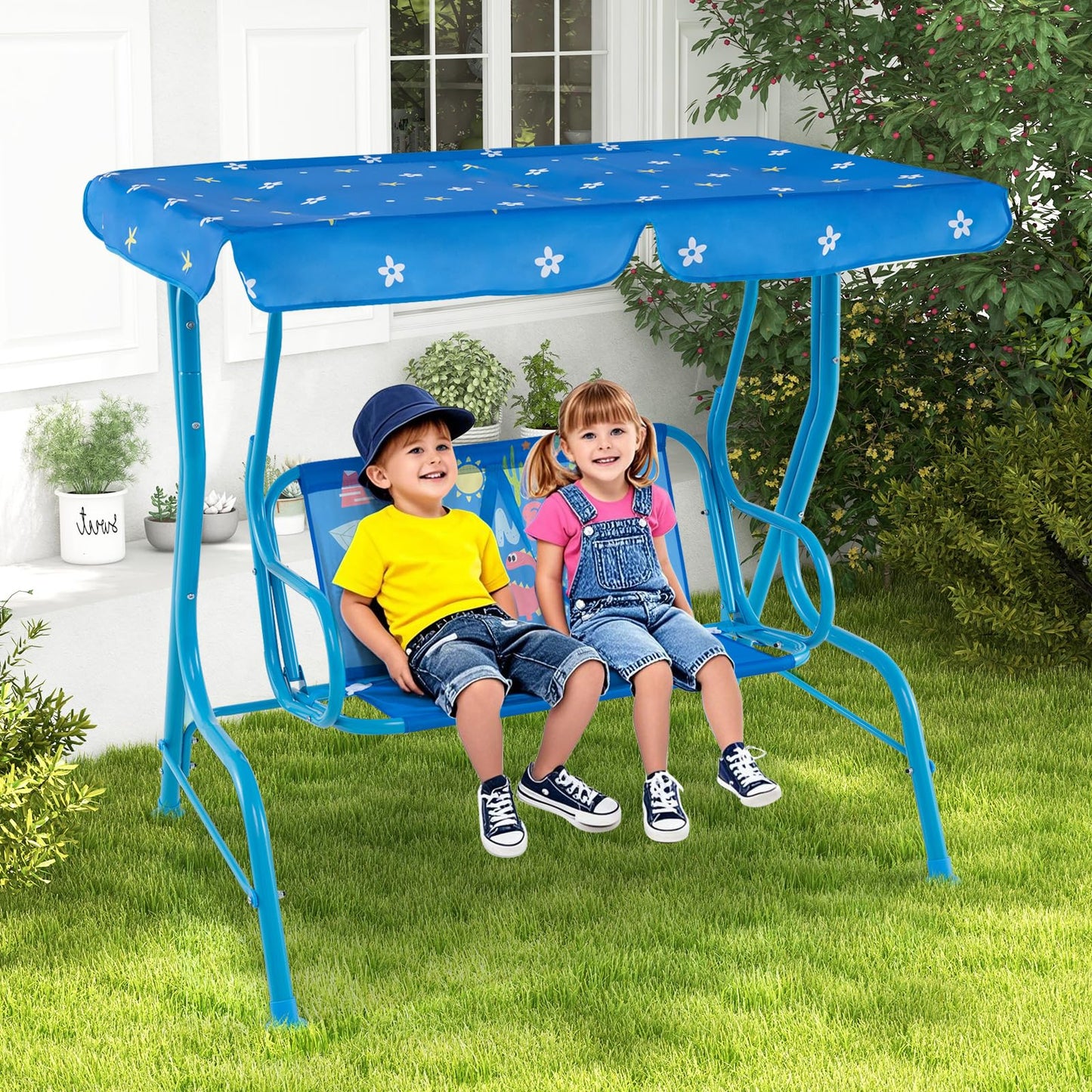 HONEY JOY Kids Patio Swing, 2-Seater Outdoor Porch Swing Lounge Chair, Adjustable Canopy & Safety Belt, All Weather Resistant Waterproof Hanging Swing Bench for Garden Poolside Balcony(Blue Dinosaur)
