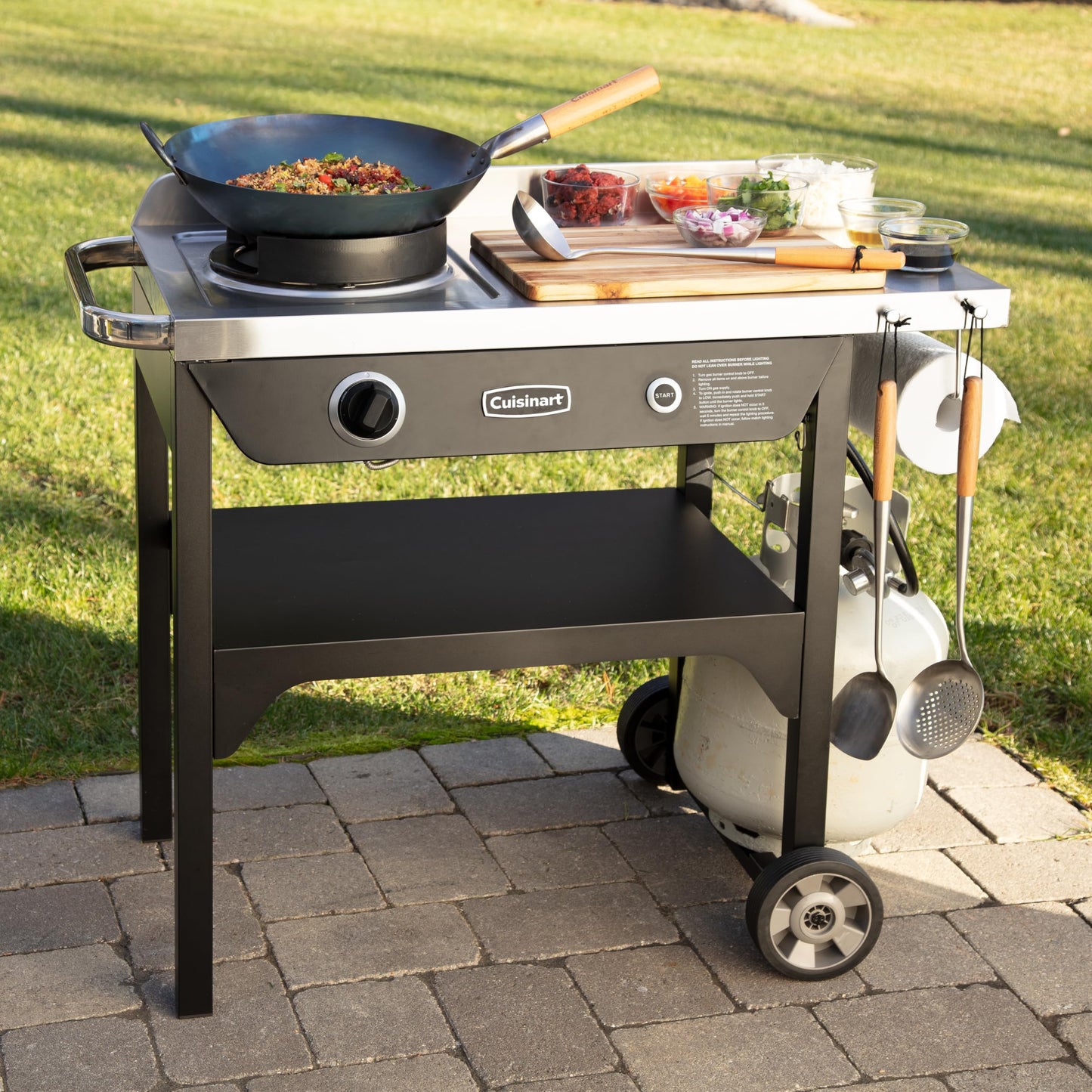 Cuisinart Outdoor Wok Station, 50,000 BTU Propane Outdoor Wok Burner with Prep Table, 14" Carbon Steel Fry Pan, Stainless Steel Side Table, Storage, Outdoor Cooking Station for Stir Fry, Searing, BBQ