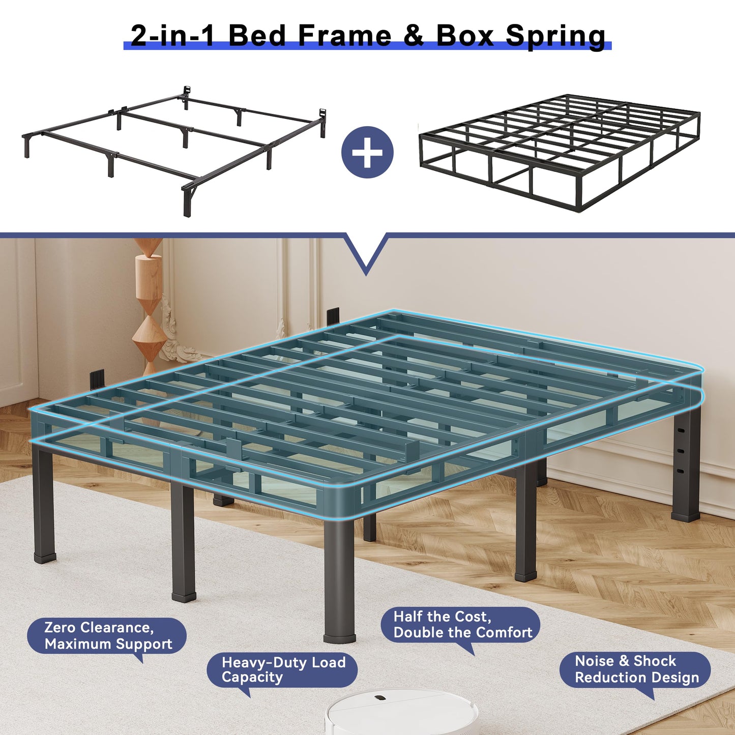 Anyroom 20 Inch Cal King Bed Frame, Double Layer Heavy Duty Metal Bedframe 4000 lbs Capacity, Platform Bed Frames with Headboard Holes, Round Corner Legs, Mattress Slide Stopper, Easy Assembly，