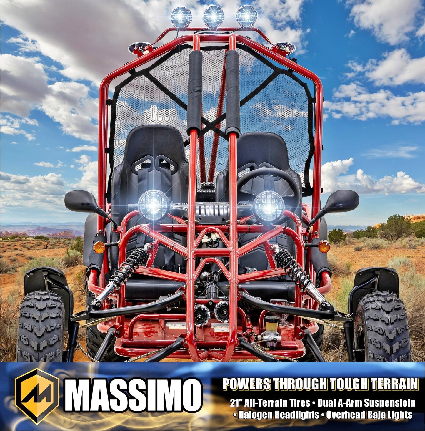 Massimo GKA 200 Go Kart, 169cc Engine, 10 HP, 35 MPH Top Speed, Independent Suspension, Adjustable Seats, Baja Lights, All-Terrain Tires, Adult Size for Ages 16+, Red