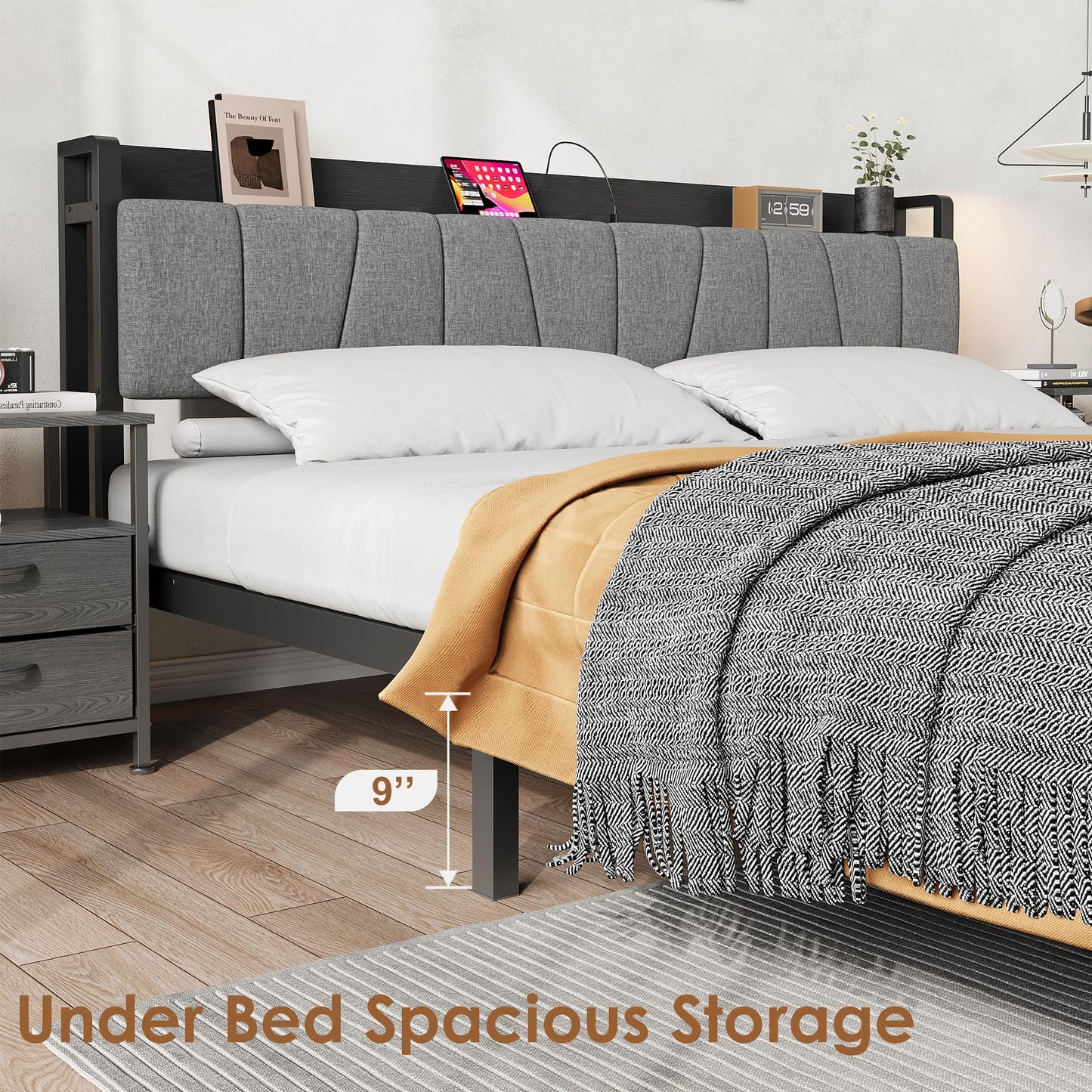GarveeHome King Size Bed Frame with Storage Headboard, Black King Platform Bed with 2 Large Drawers and Charging Station, Industrial No Box Spring Needed Bedframe