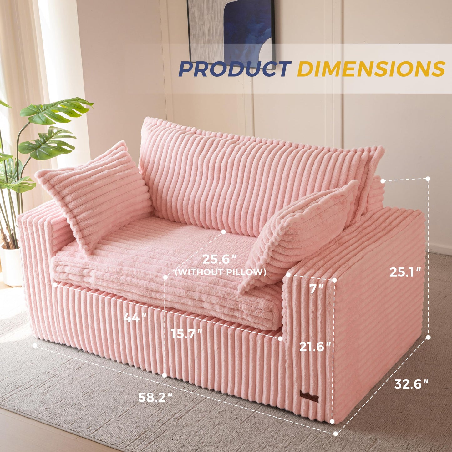 MAXYOYO 59" Bean Bag Sofa Couch, Loveseat Boneless Couch in a Box, Upholstered Small Mini Sofa with Deep Seating for Living Room Bedroom Office Apartment, No Assembly, Pink