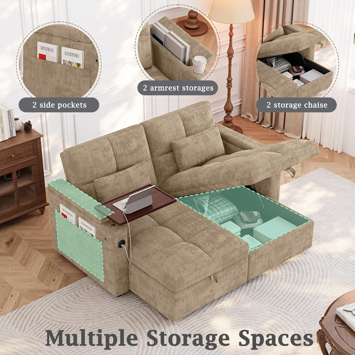 66.33'' Sleeper Sofa Bed Full Size, Convertible Couch for RVs, Taupe