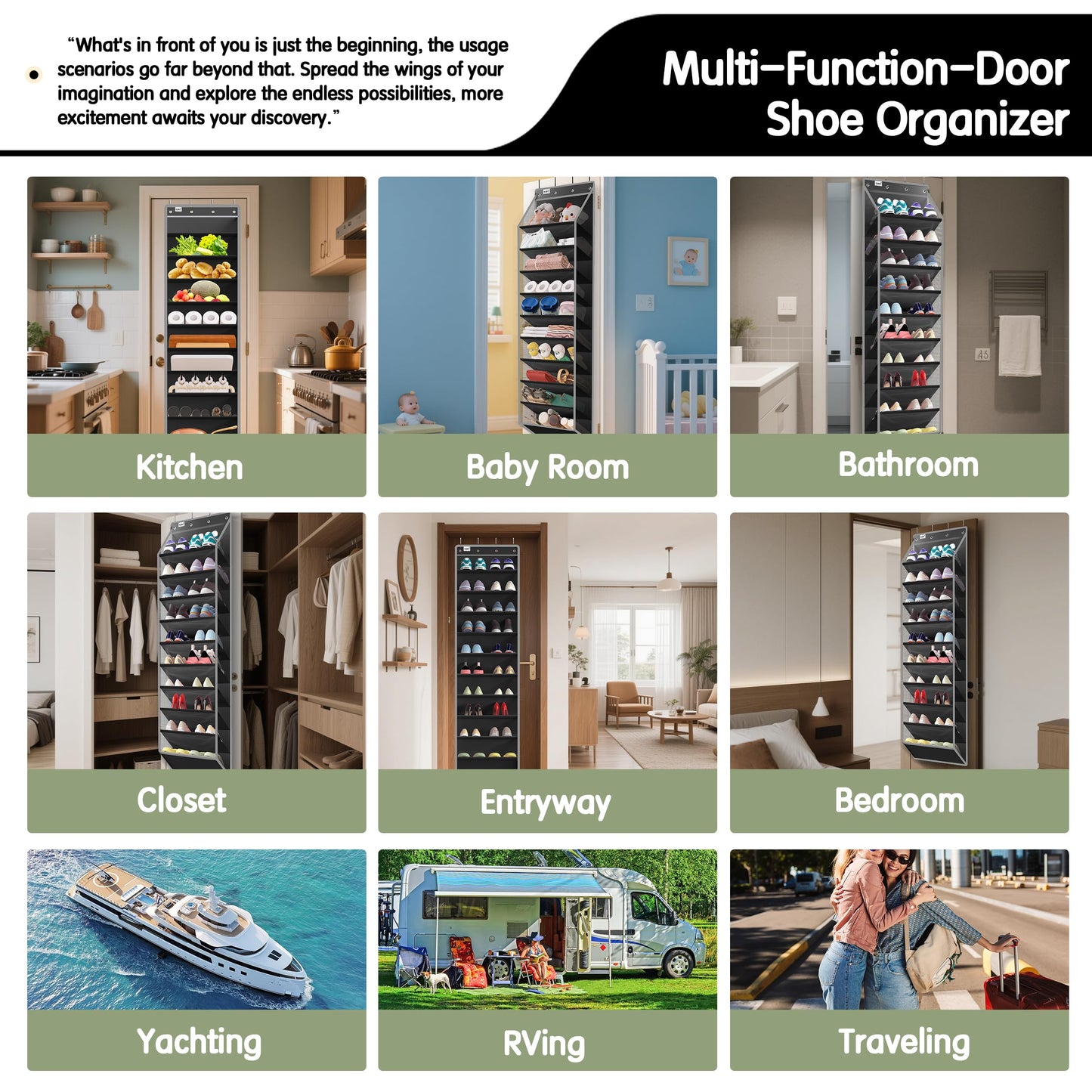 Kotkn 10 Tier Over The Door Organizer - Heavy Duty Hanging Storage Rack with Sturdy Oxford Fabric, Holds 20+ Pairs of Footwear, Boots & Sneakers, Saves 50% Closet Space (Black)