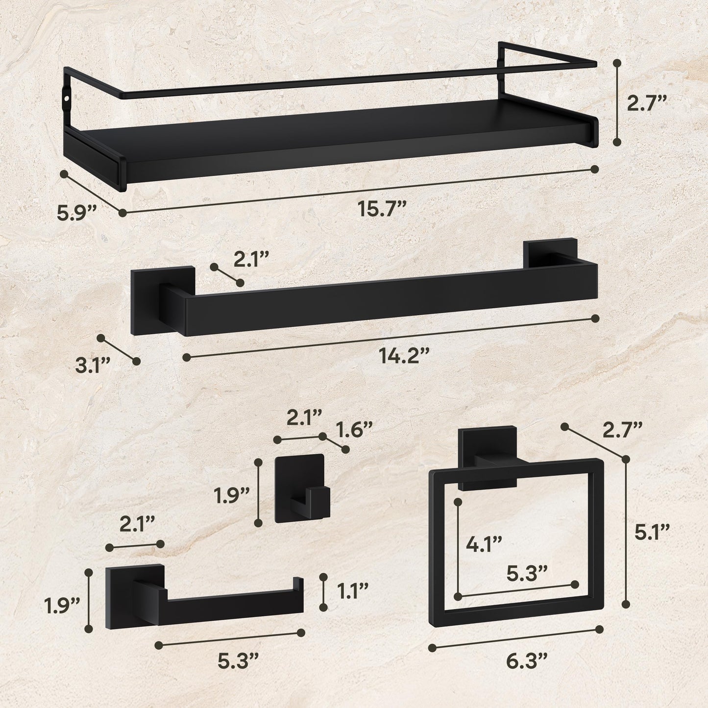 Black Bathroom Hardware Set, 5-Piece + 15.7" Shelf & 2 Adhesive Robe Hooks