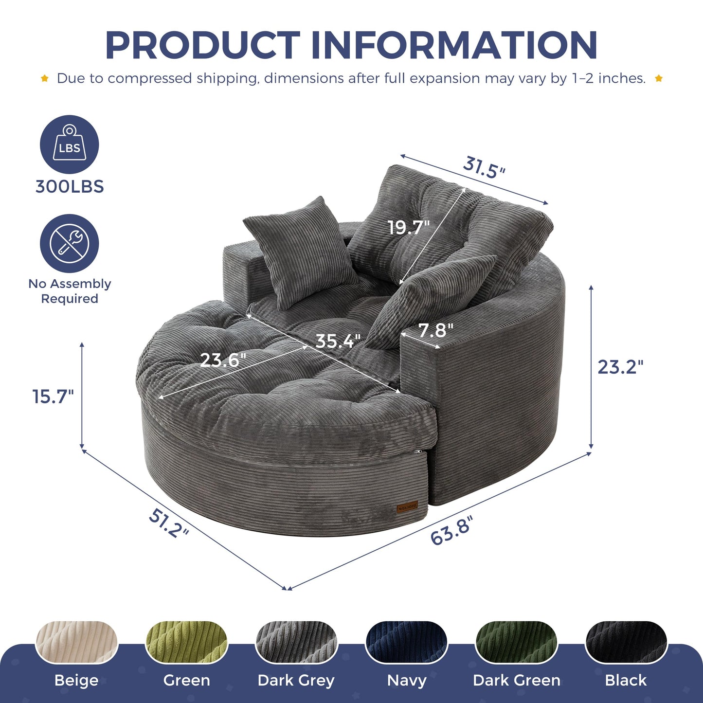 MAXYOYO Oversized Round Chaise Lounge Sofa, Upholstered Lounge Chair with 3 Pillows, Boneless Sofa Couch with Ottoman, Deep Seat Chair for Living Room, Bedroom, No Assembly, Dark Grey