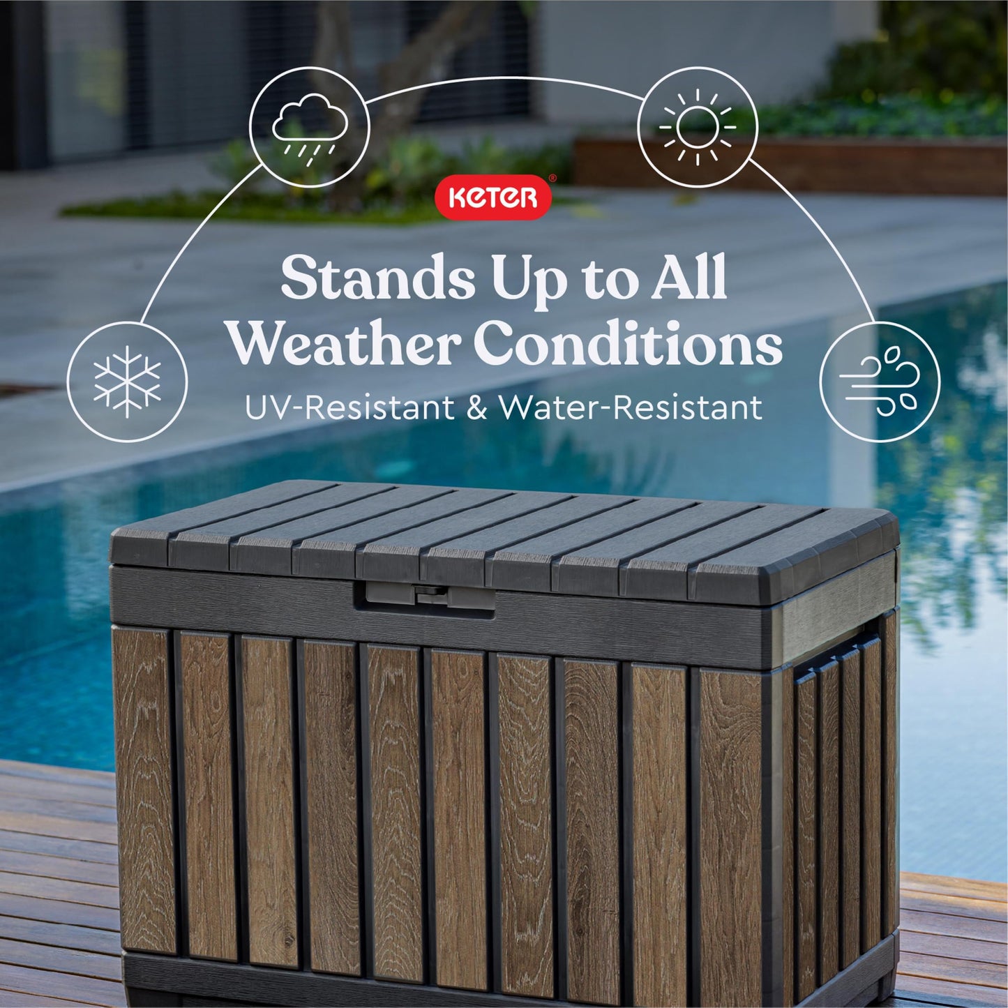 Keter Signature Everwood 50 Gallon Resin Deck Box-Organization and Storage for Patio Cushions, Throw Pillows and Garden Tools, Walnut