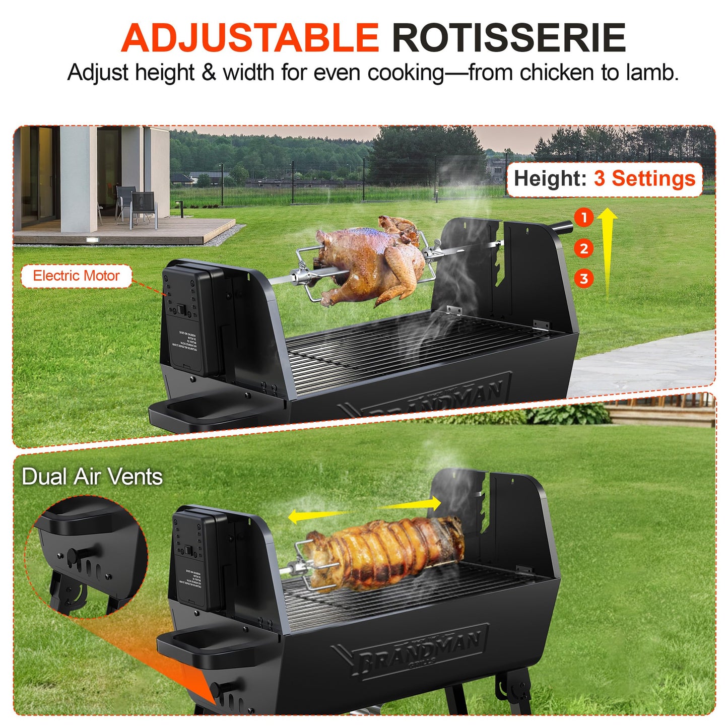 BRANDMAN GRILLS SINCE 1987 2 in 1 Portable Charcoal BBQ Rotisserie Grill with Motorized Kit Folding BBQ Grill 257 sq.in. Porcelain Enameled Grate Lightweight for Backyard Outdoor Camping