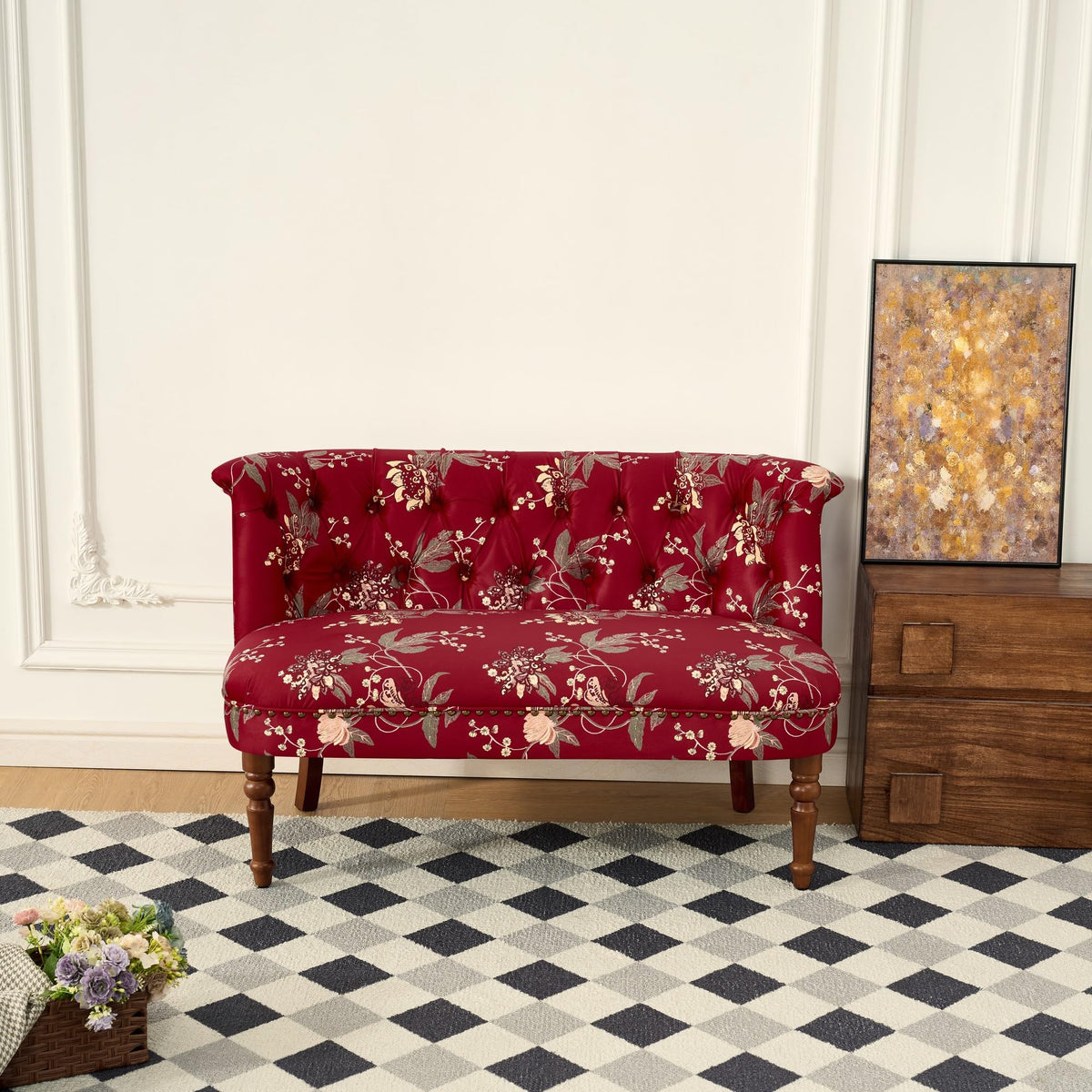KEIKI 47.25" Floral Loveseat, Tufted Fabric Settee Couch, Red