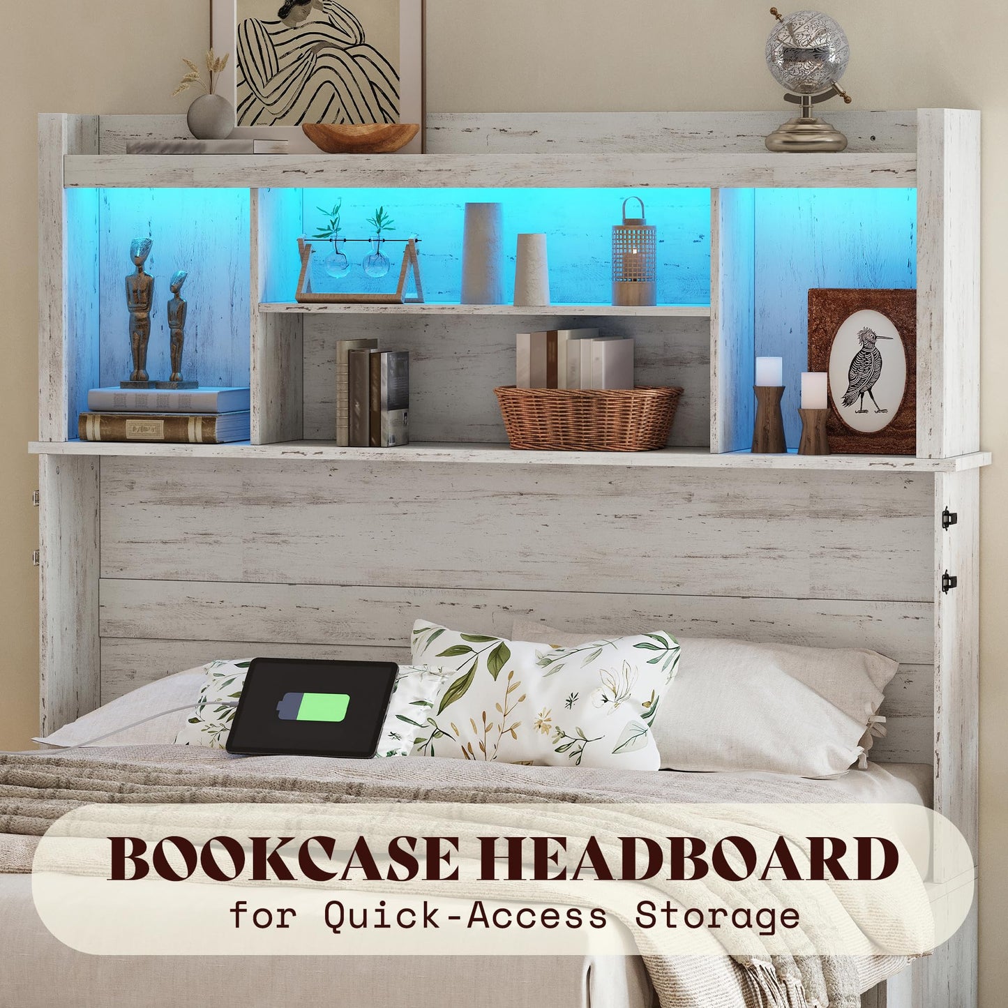 AMERLIFE Full Murphy Bed with Bookcase Headboard & LED Light, Farmhouse Cabinet Bed with Storage Drawer, Charging Station and Desk for Home Office/Guest Room/Small Spaces, White