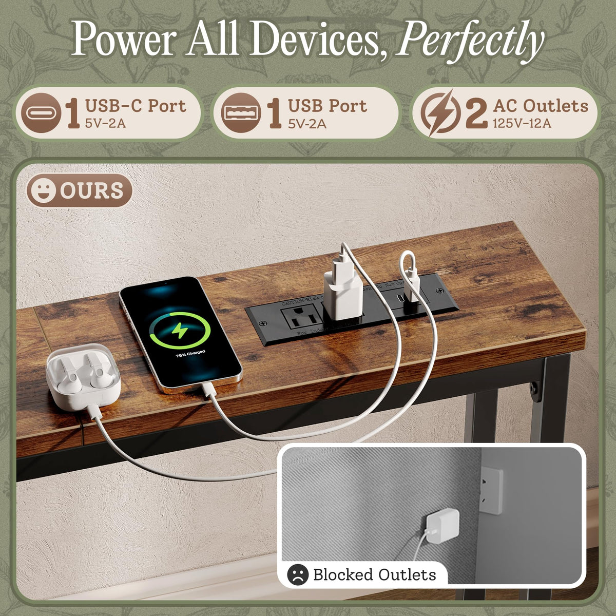 Huuger 110.2 Inch Behind Couch Table with 2 Power Outlets and USB-C Ports, Extra Long Narrow Sofa Table for Sectional Sofa, Skinny Console Table with Anti-Bump Pads, for Living Room, Rustic Brown