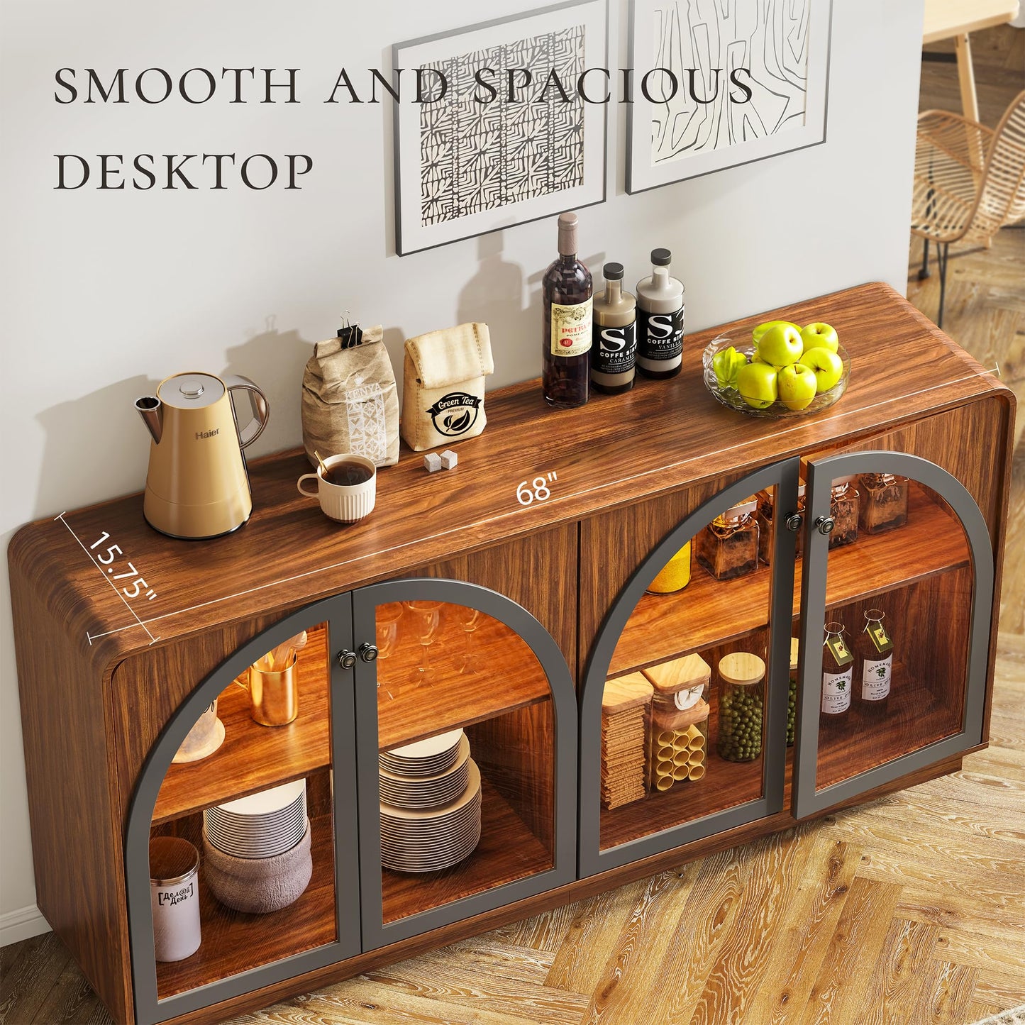 beronbaer Sideboard Buffet Cabinet with Storage, 68" Walnut Credenza Accent Cabinet Buffet Table w/4 Arched Glass Doors & LED Light, Modern Coffee Bar Liquor Cabinet w/2 Shelves for Kitchen Entryway