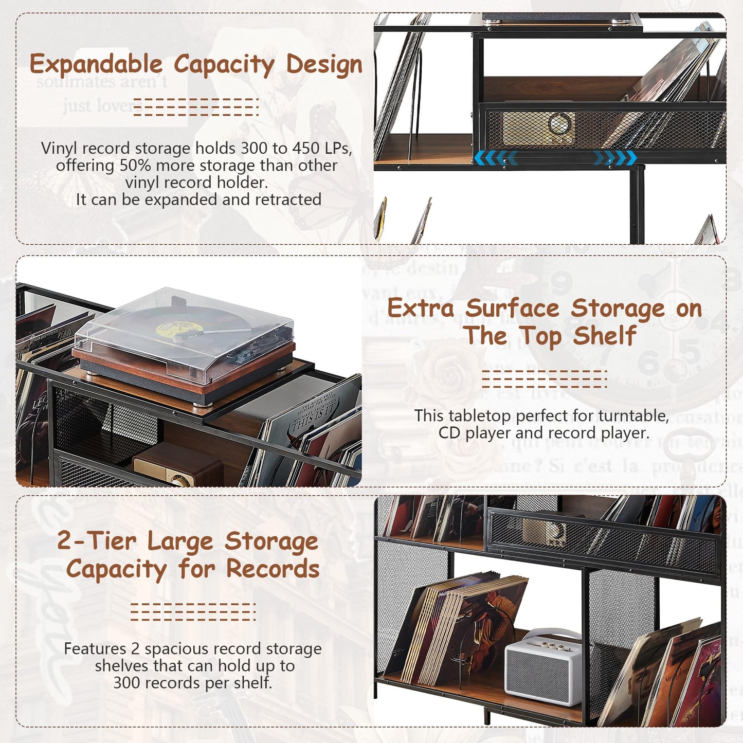 MAHYIZYI Record Player Stand with Vinyl Storage Cabinet, Stretchable 32-63'' Turntable Table Open Shelf Up to 450 Albums, Cube Storage Organizer for Living Room, Music room