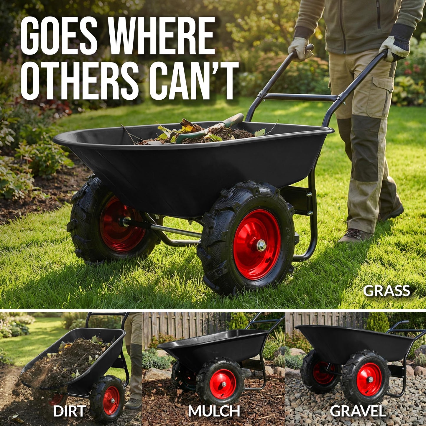 Best Choice Products Dual-Wheel Wheelbarrow Garden Cart - 500 lb Capacity, Extra-Large Wheels, Built-in Stand, for Yard, Garden & Landscaping - Black
