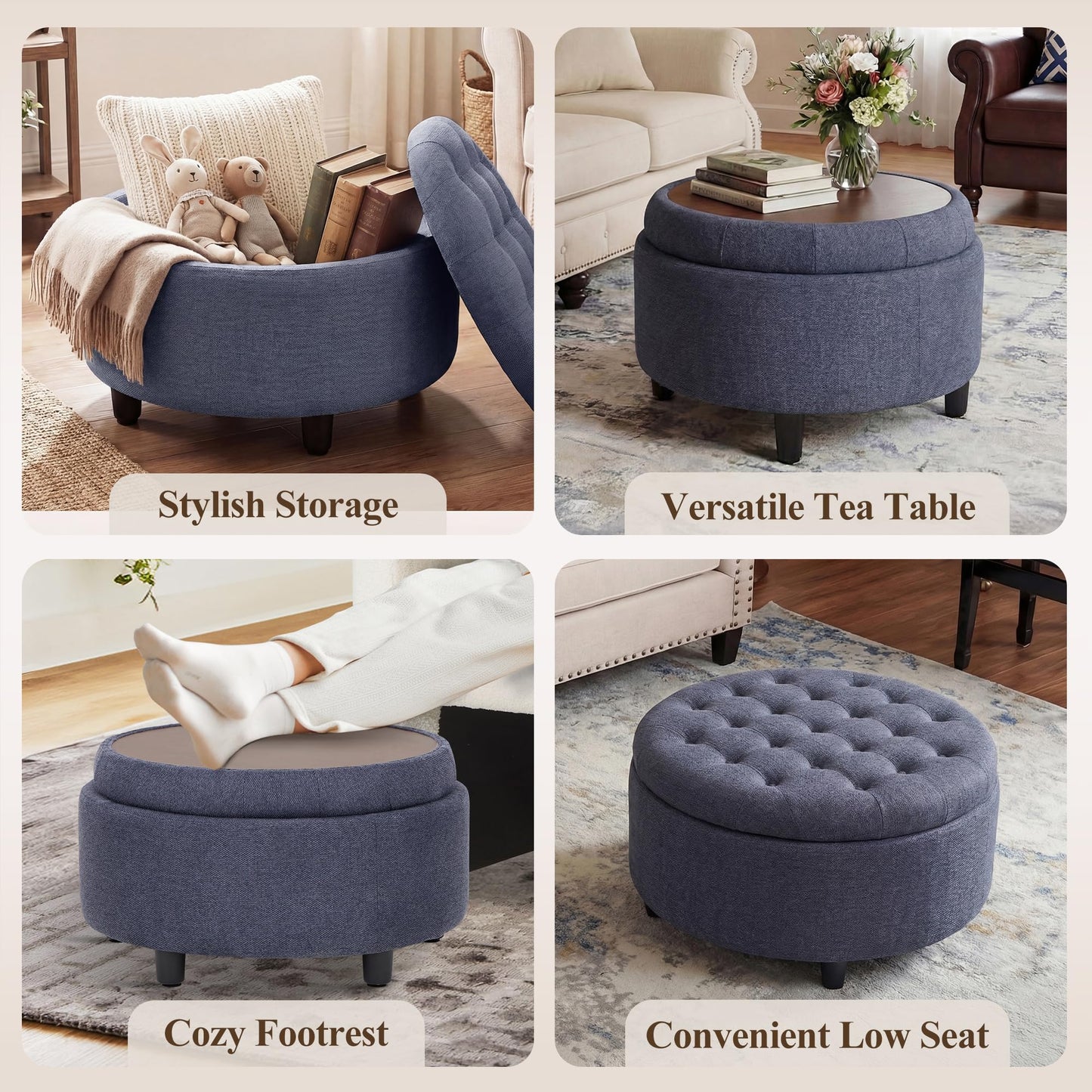COLAMY Fabric Round Storage Ottoman with Reversible Tray Lid – Multi-Functional Footrest, Hidden Storage, Sturdy & Stylish Small Coffee Table for Living Room, Bedroom, or Entryway(Blue)