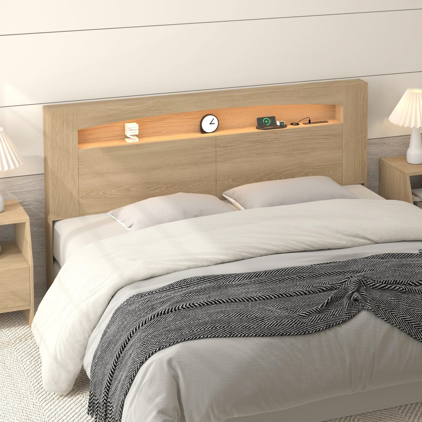 KATYGLORY King Size Headboard Only Modern Sturdy Wooden Bed Backboard Wall Mounted Head Board, 3 Storage Zones, Unique Skirting Groove, High Load Capacity with Solid Wood Leg (Oak, King)