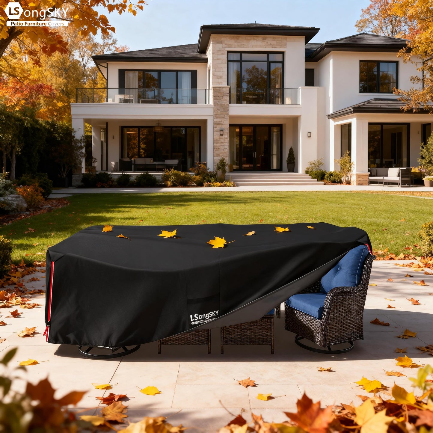 LSongSKY Outdoor Furniture Covers Waterproof,600D Heavy Duty Patio Furniture Covers for 6/7/8 PCS Sets Sectional Sofa Couch Rocking Swivel Chairs Ottomans Coffee Table,111L x 74W x 28H inch Black