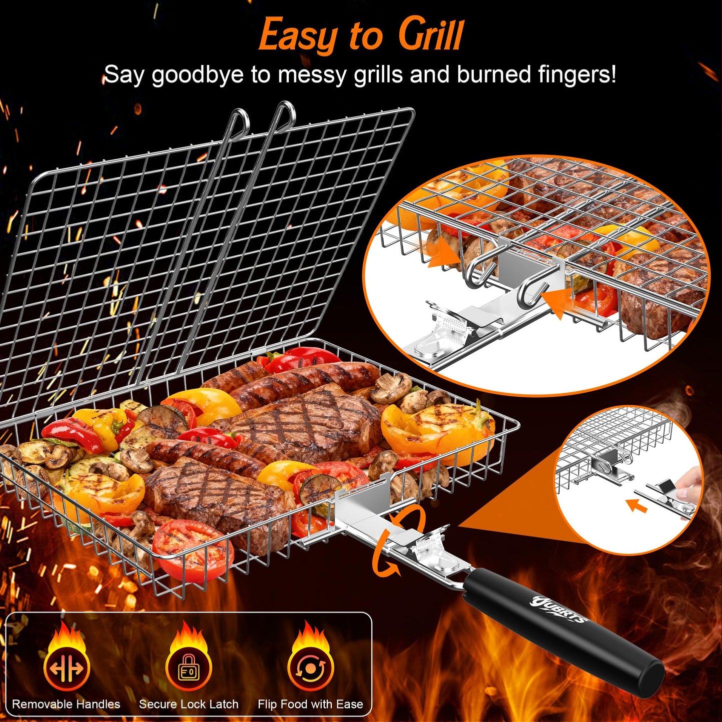 Grill Baskets for Outdoor Grill, 2PCS BBQ Grilling Basket with Removable Wooden Handle, Stainless Steel Camping Cooking Grill Accessories for Meat Fish Vegetable Seafood, Gifts for Men Dad Husband (Silver)