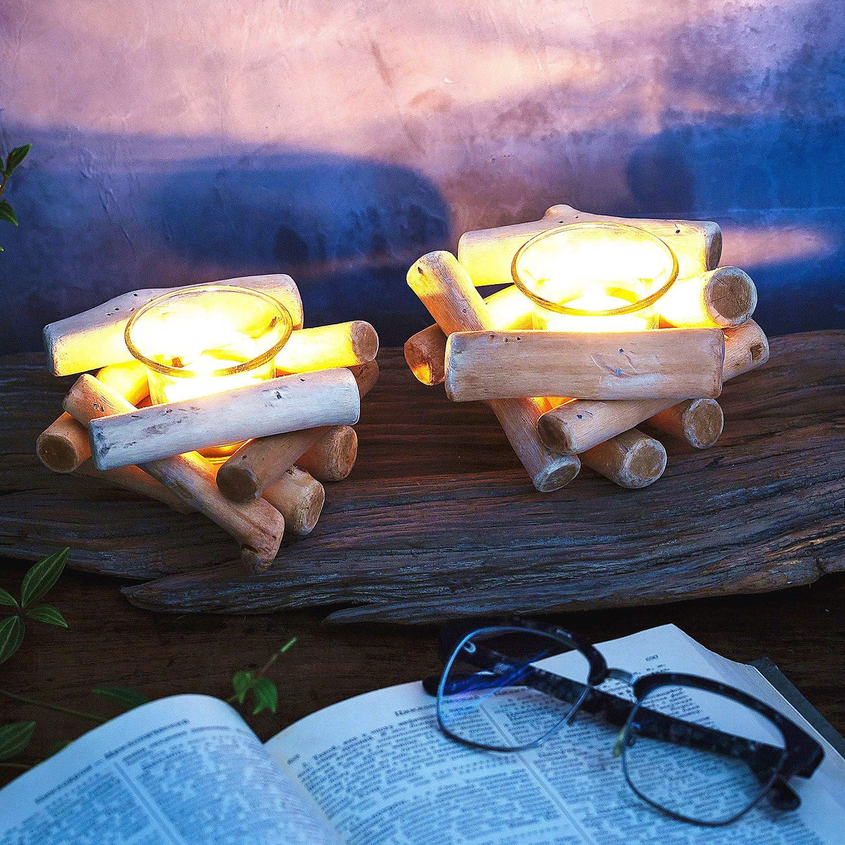 Sziqiqi Wooden Tea Light Candle Holder with Tealight Glass