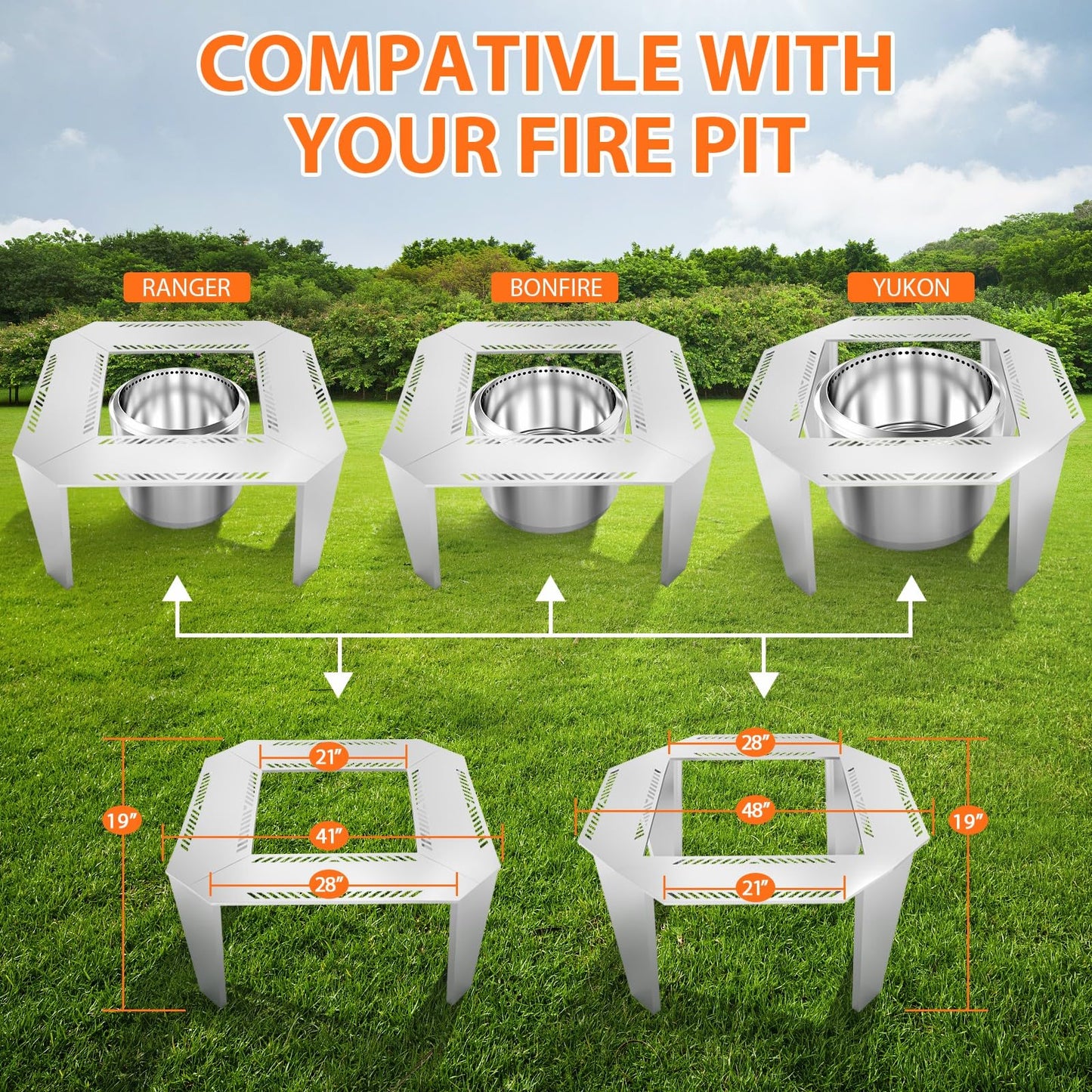 Uniflasy Fire Pit Surround Table for Solo Stove Yukon– Adjustable 41"/48" Stainless Steel Tabletop with Safety Barrier, Fits Yukon, Bonfire, Ranger, Tiki, Outdoor Table for Smokeless Fire Pit