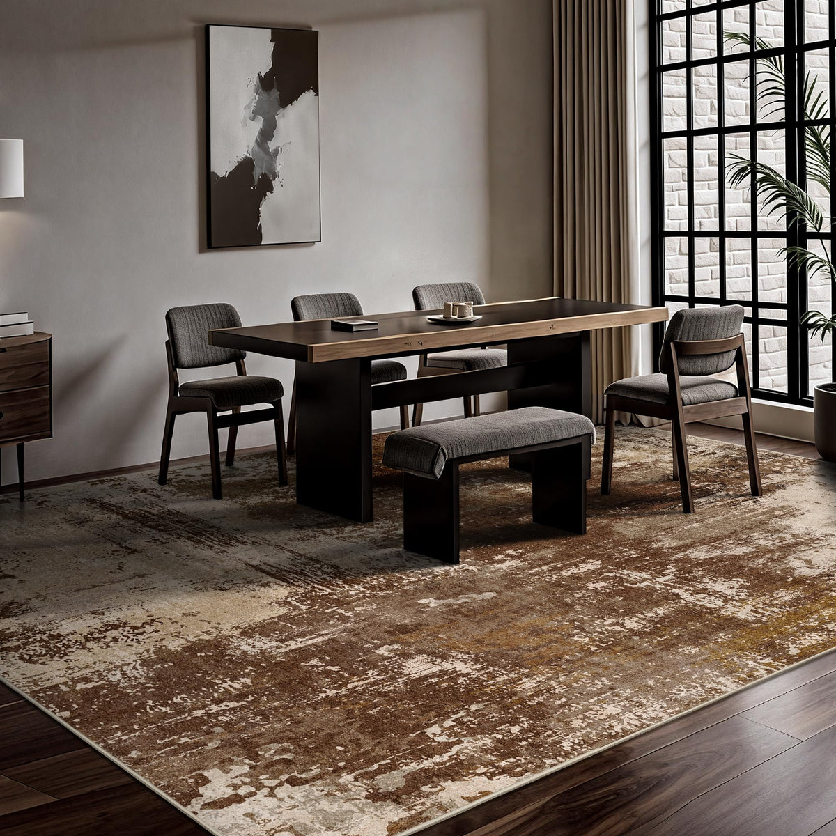 Yarooge 8x10 Rugs for Living Room - Modern Abstract Low Pile Washable Rug, Ultra Soft Non Slip Large Rugs, Floor Carpet for Bedroom Dining Room Office Laundry Nursery Home(Brown)