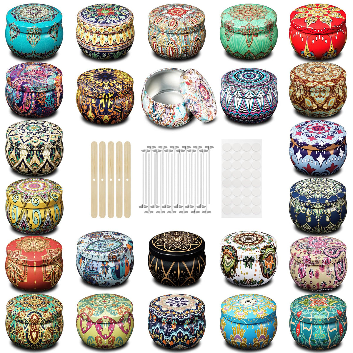 MeiGlow Empty Candle Tins for Making Candles, 24 Pack 5.4 oz with Lids, Cotton Wicks, Wick Stickers and Holders