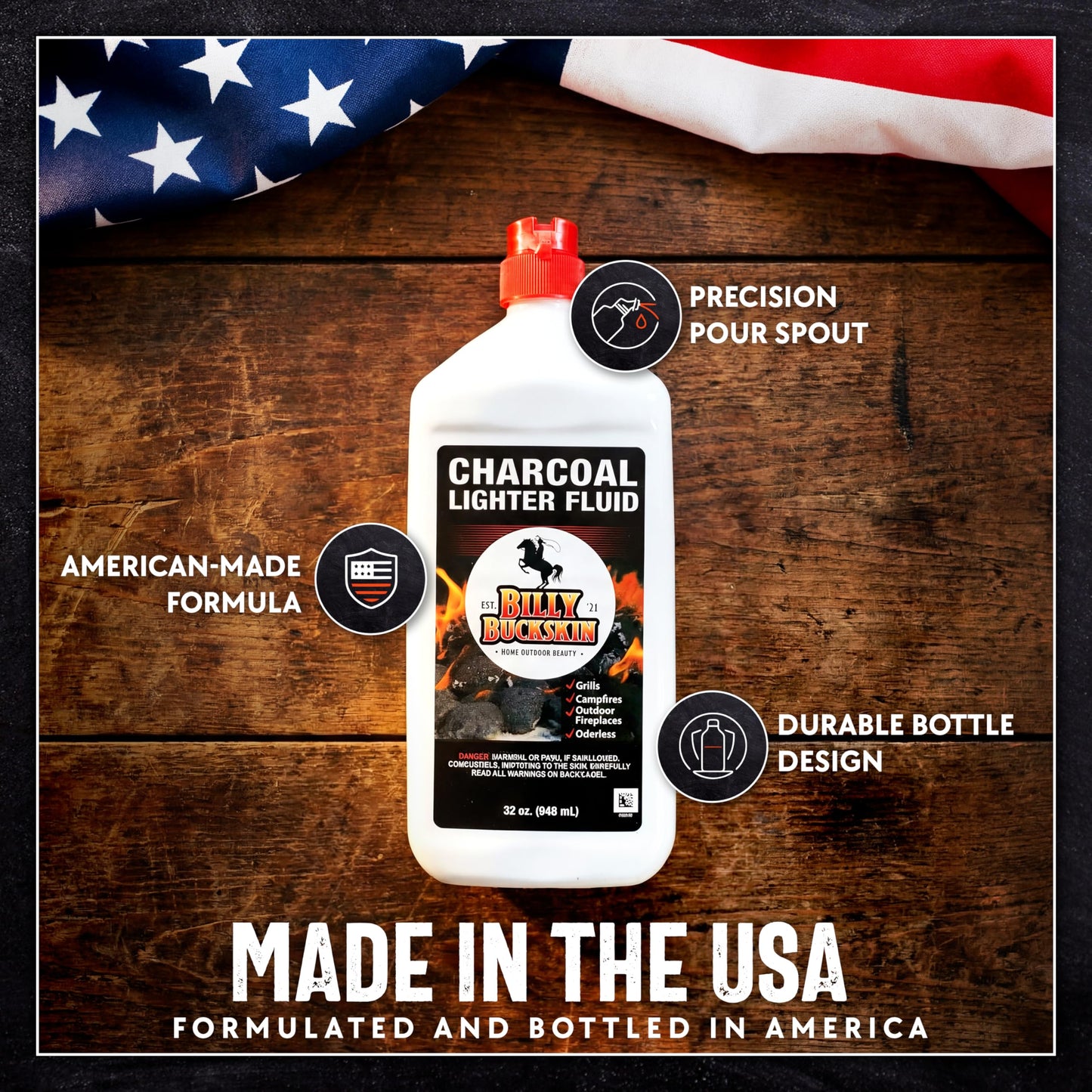 Charcoal Lighter Fluid (1 Quart) - 2 Pack Clean Burning, Low Odor & Fast Lighting Lighter Fuel - Perfect Fire Starter Fluid for Outdoor BBQ, Grilling, Camping, Charcoal & Wood Fires by Billy Buckskin