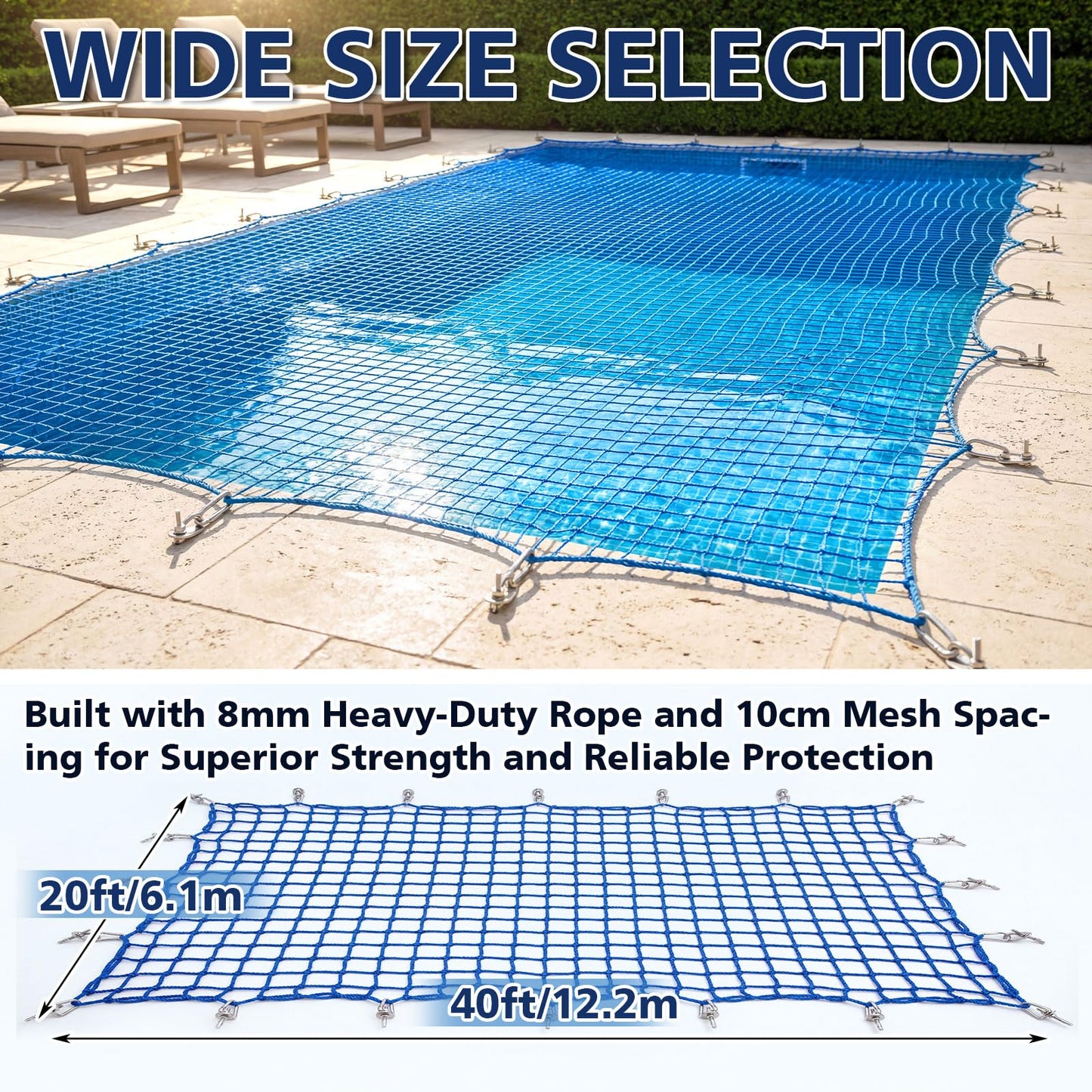 Chunm 20 x 40 ft Pool Safety Net Cover with Anchors, 10 cm Mesh Premium Pool Safety Cover, Inground Heavy-Duty Protective Netting, Easy to Install, Remove and Store, Safe for Children Pets