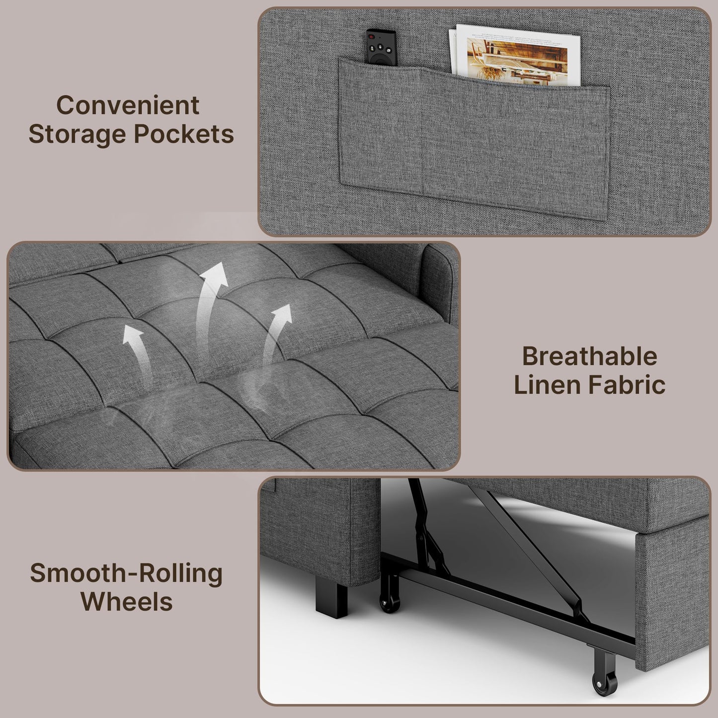 Gizoon Convertible Sofa Bed, 3-in-1 Pull Out Couch, 5-Position Adjustable Backrest & Side Pockets, Modern Small Loveseat Sleeper Sofa for Living Room, Apartment, Dorm, Studio, Guest Room, Grey
