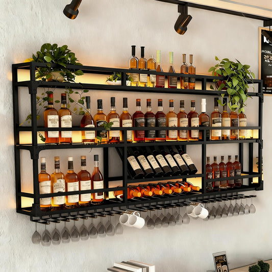 RAJYQODIS 47in Wall Mounted Wine Rack with LED Lights, Floating Industrial Liquor Glass Holder 3 Tiers, Large Metal Wine Bottle Display Rack Hanging Shelf, for Home Bar Dining Room Decorative