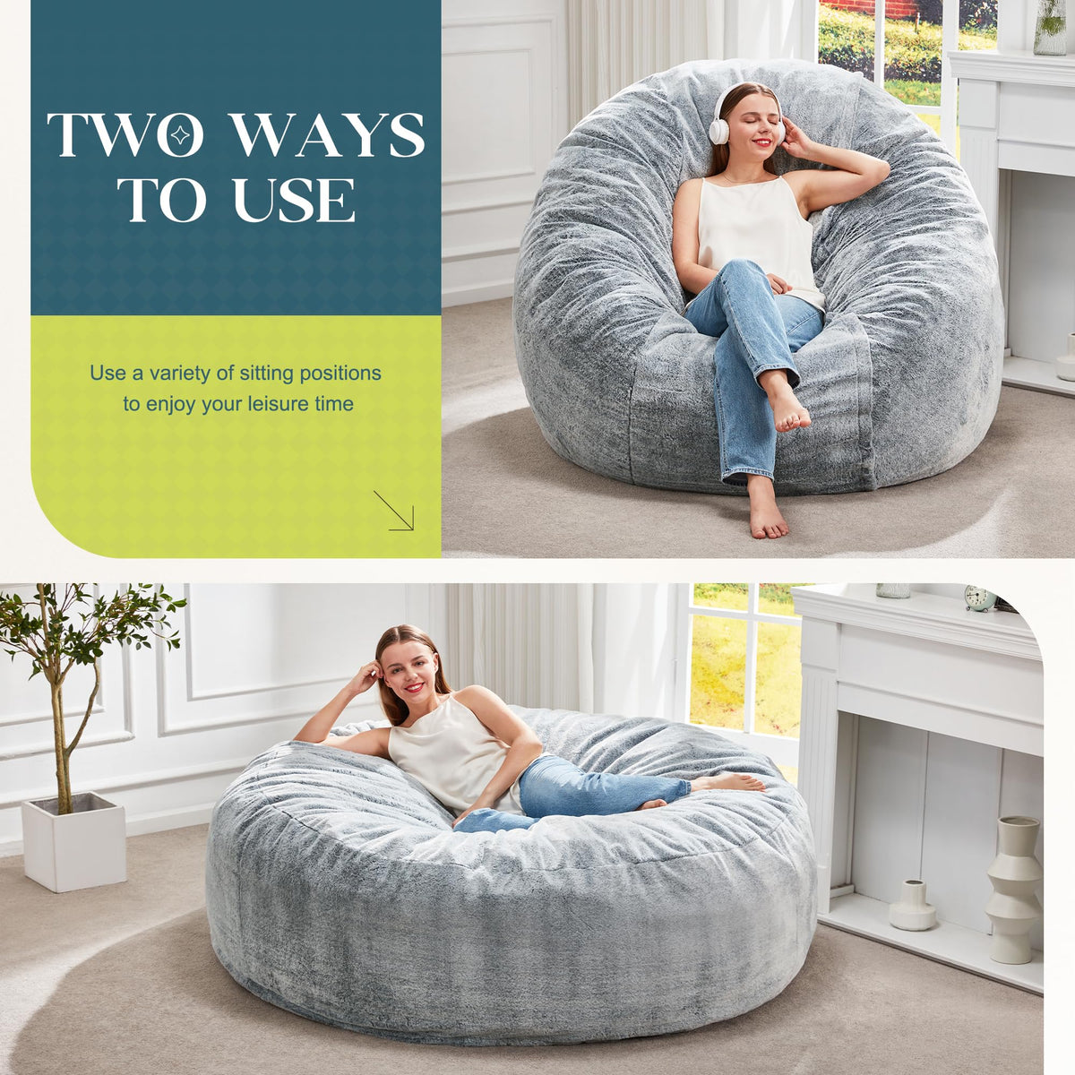 Hobestluk Bean Bag Chair for Adult Giant Beanbag with Filler Grey 5FT