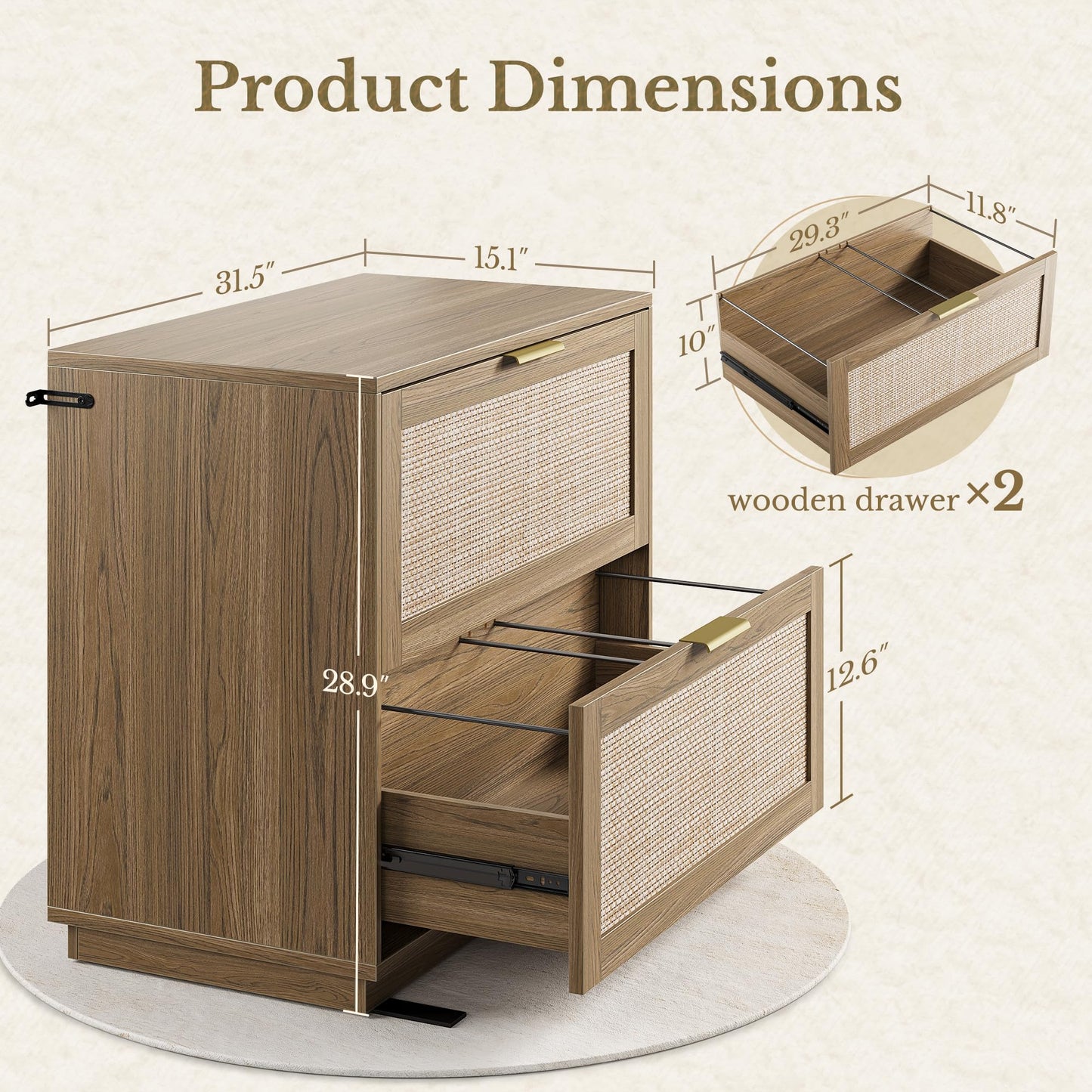 Perledesign Home Office Furniture Set, 63'' Electric Standing Desk with 73'' Bookshelf and 2 Drawer Lateral File Cabinet, Office Furniture Desk Sets, Rattan Style Natural Oak
